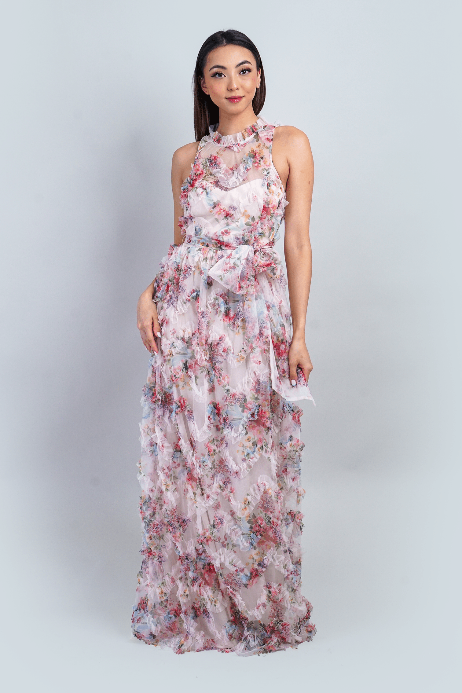 DCD GOWNS Floral Ruffle Trim Halter Gown