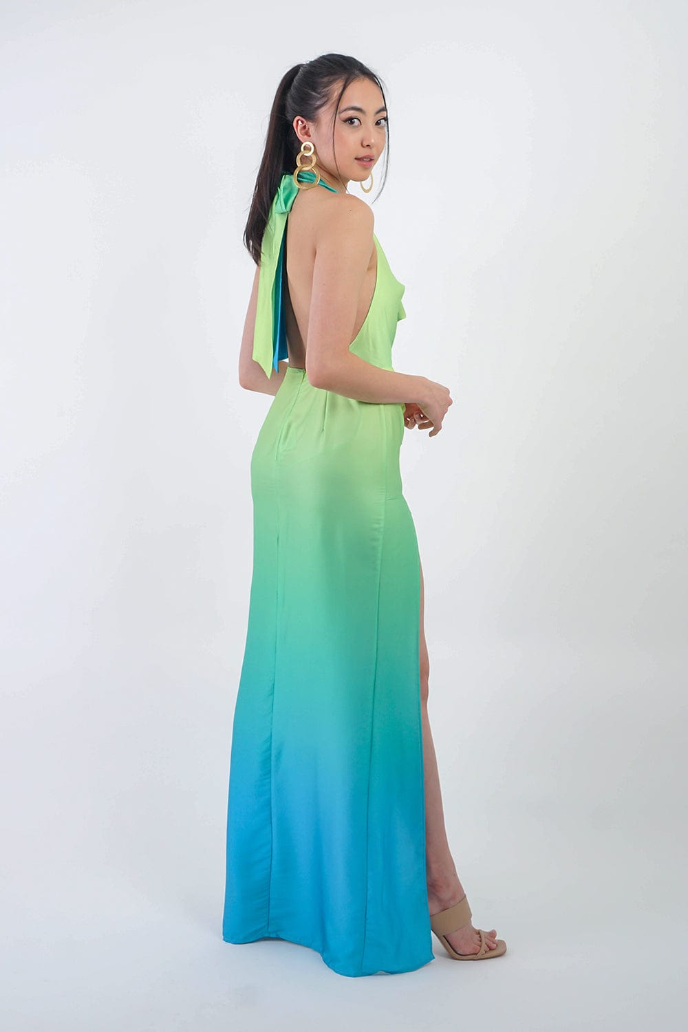 DCD GOWNS Lime Ombre Halter Cowl Gown