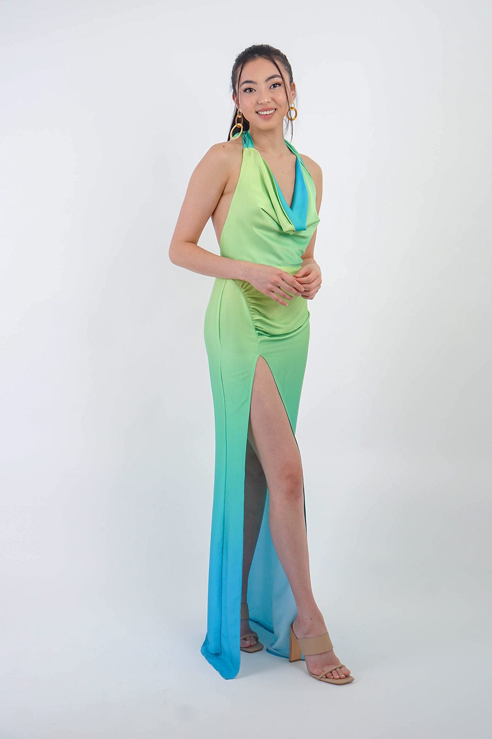 DCD GOWNS Lime Ombre Halter Cowl Gown