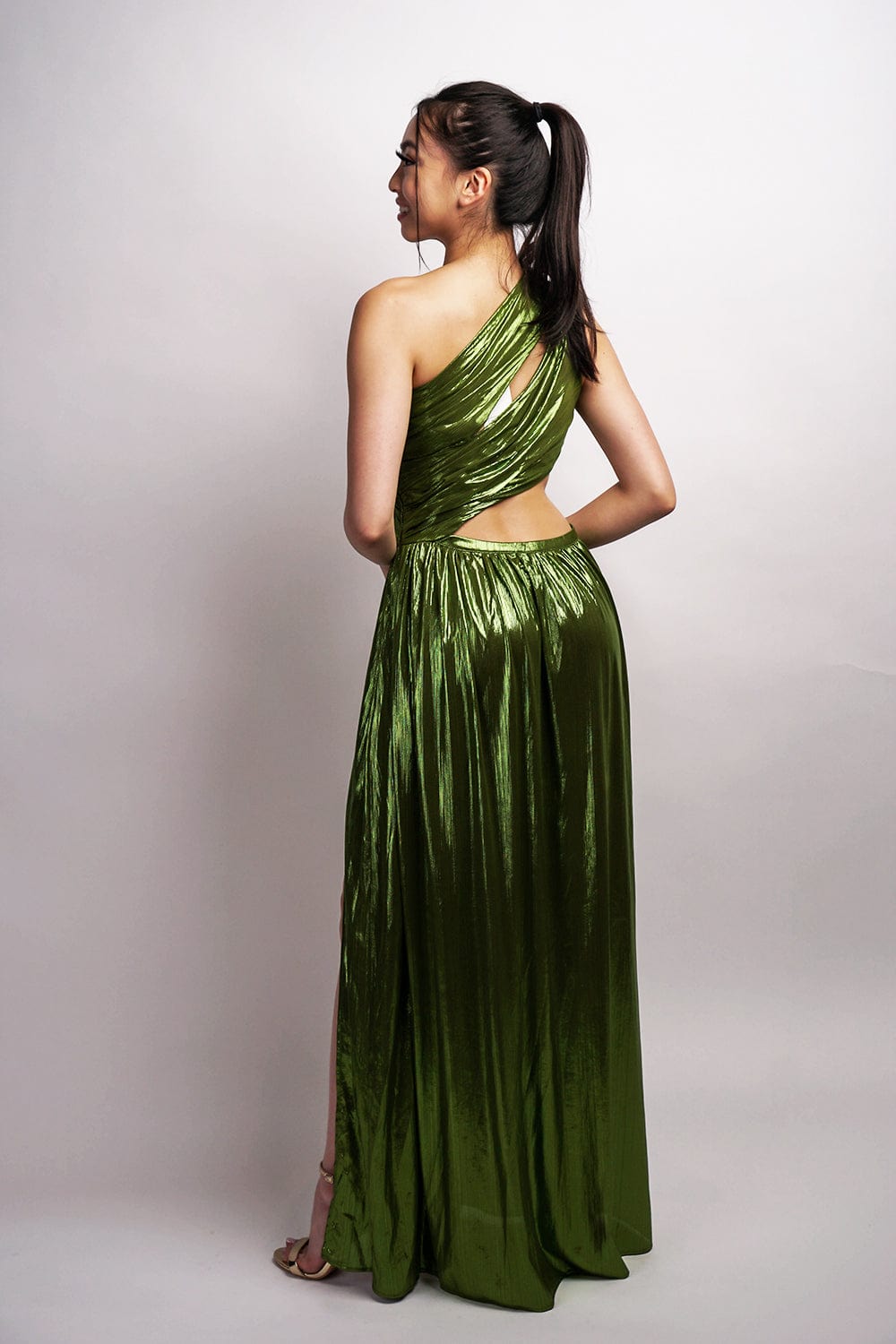 DCD GOWNS Metallic Moss One Shoulder Side Cutout Gown