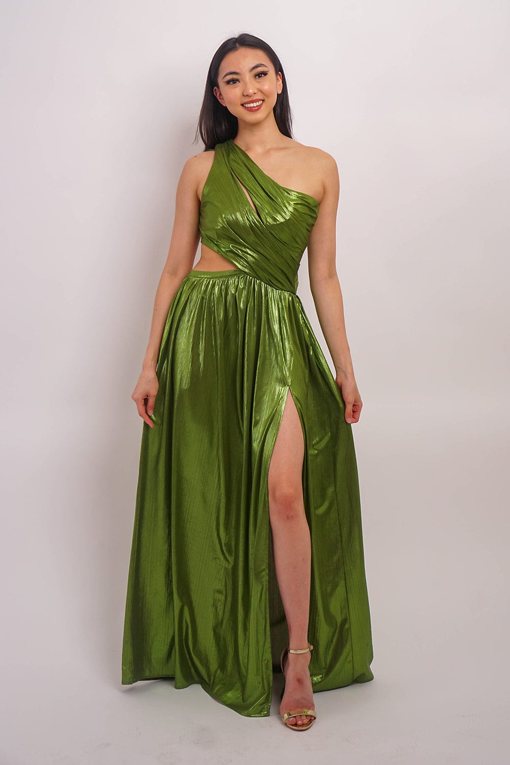 DCD GOWNS Metallic Moss One Shoulder Side Cutout Gown