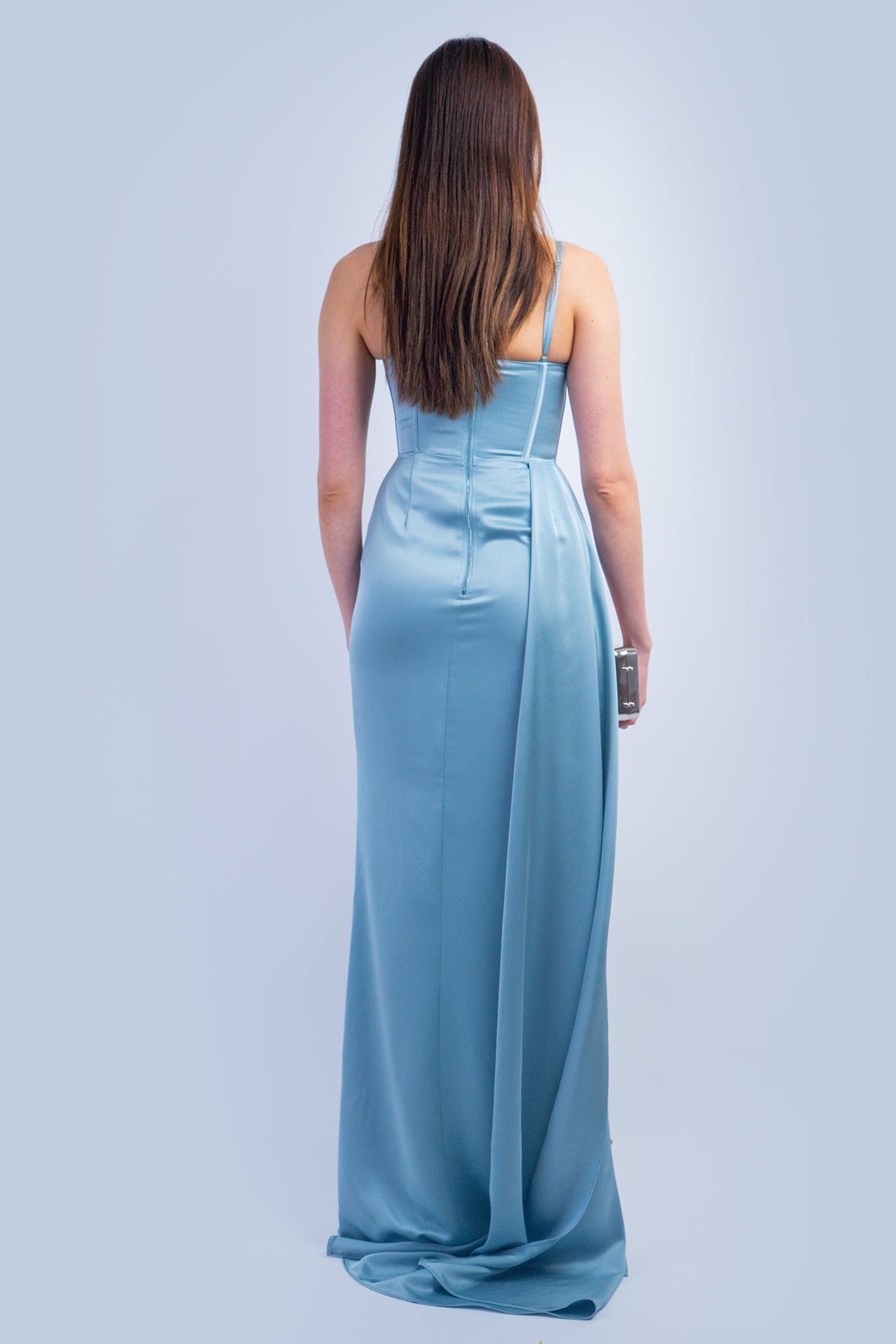 DCD GOWNS Pale Blue Satin Corset High Slit Gown