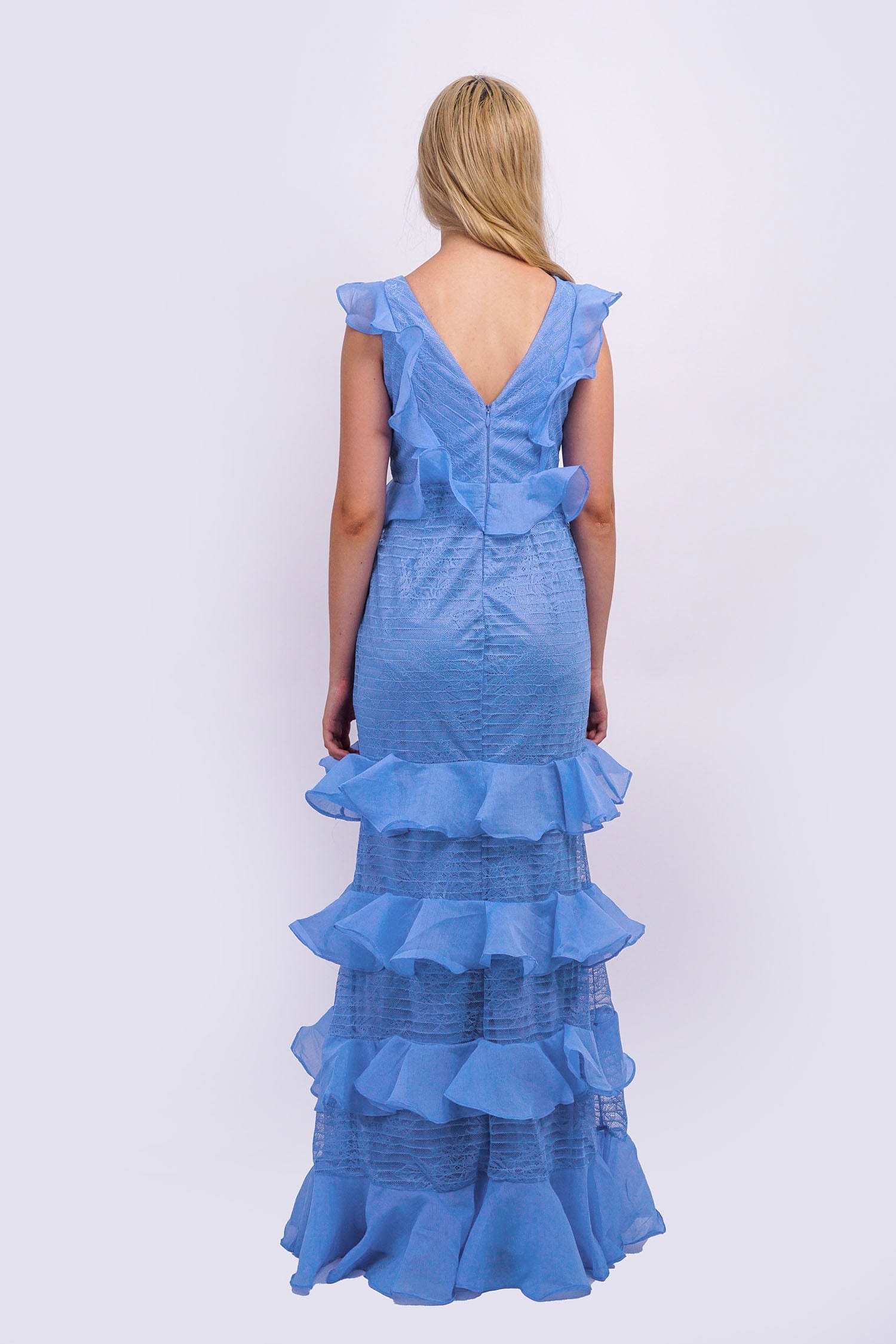 DCD GOWNS Periwinkle Ruffle Lace V Tier Gown