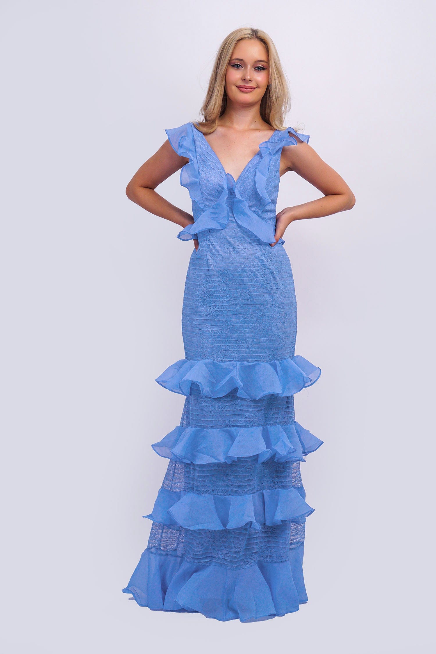 DCD GOWNS Periwinkle Ruffle Lace V Tier Gown