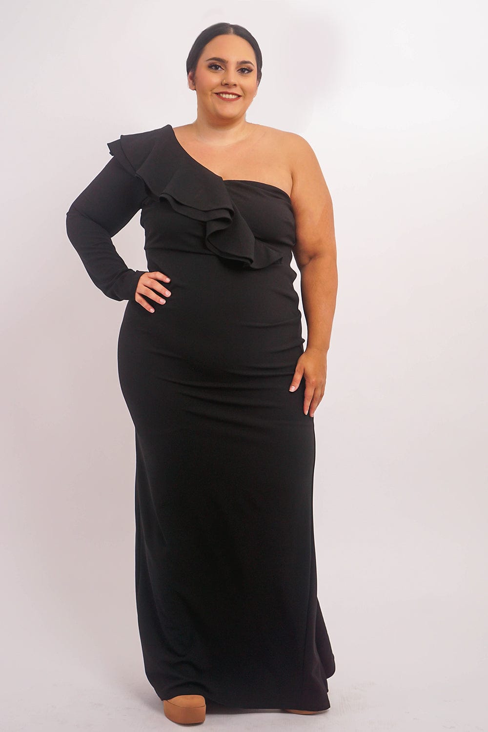 DCD GOWNS Plus Black  One  Shoulder Ruffle  Gown