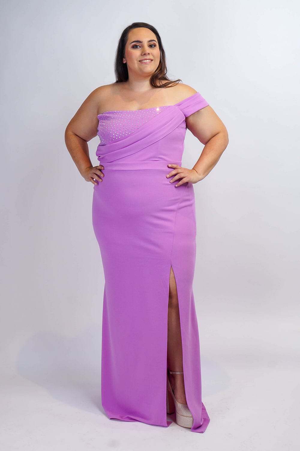 DCD GOWNS Plus Lavender One Shoulder Drape with Rhinestone Gown