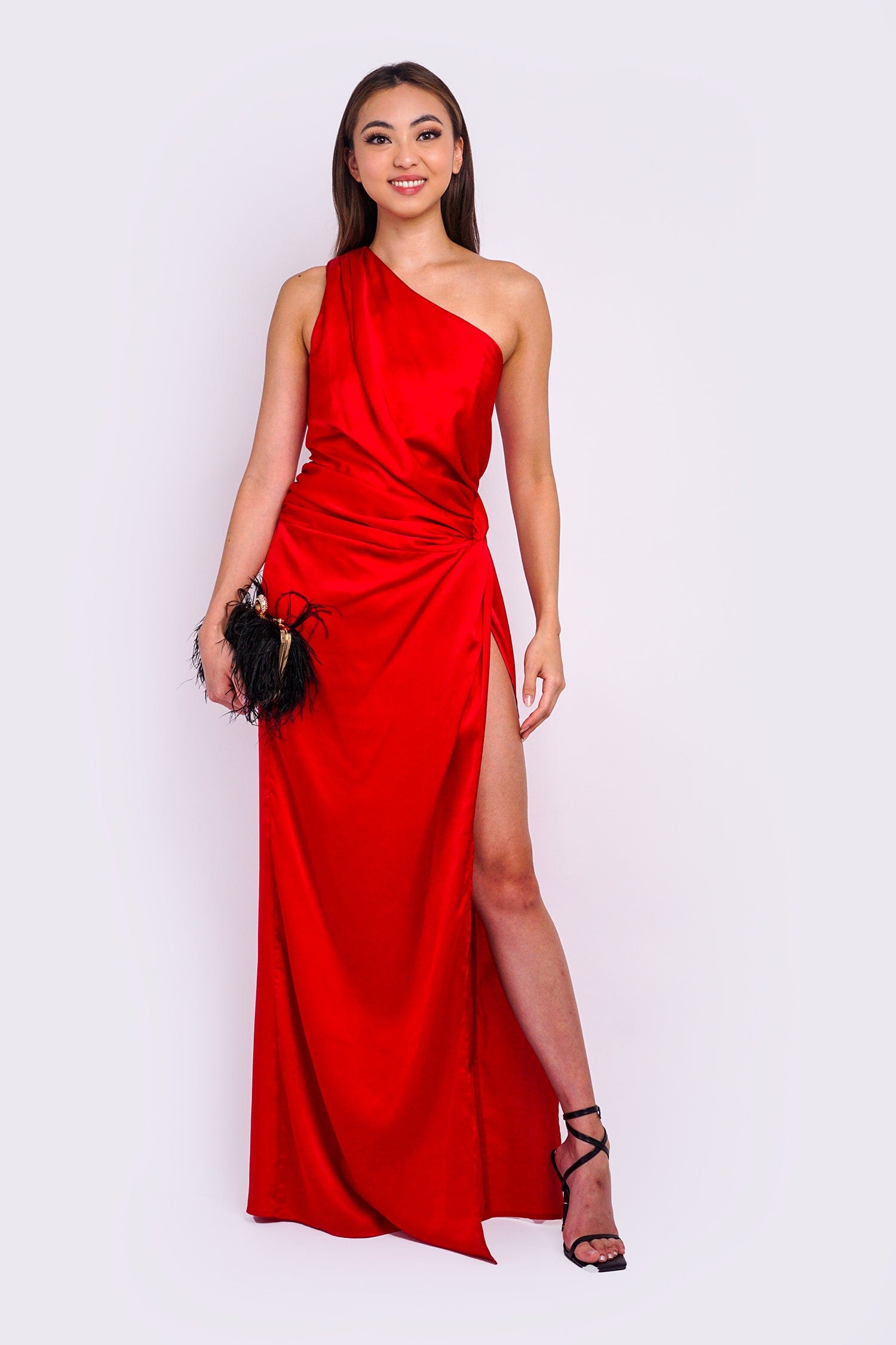 DCD GOWNS Red One Shoulder Drape Gown