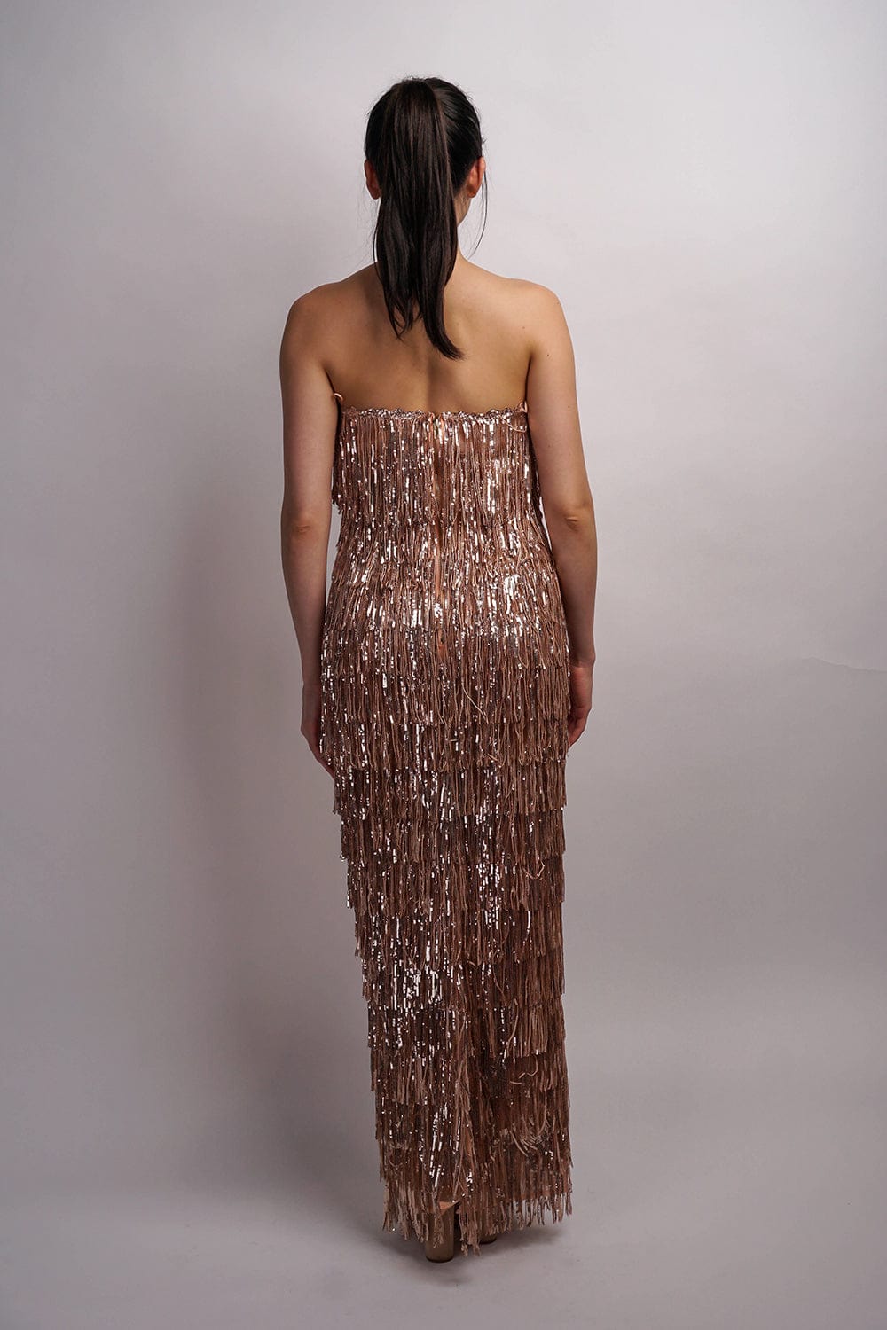 DCD GOWNS Rosegold Strapless Fringe Gown