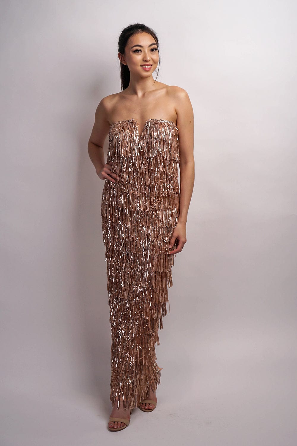 DCD GOWNS Rosegold Strapless Fringe Gown