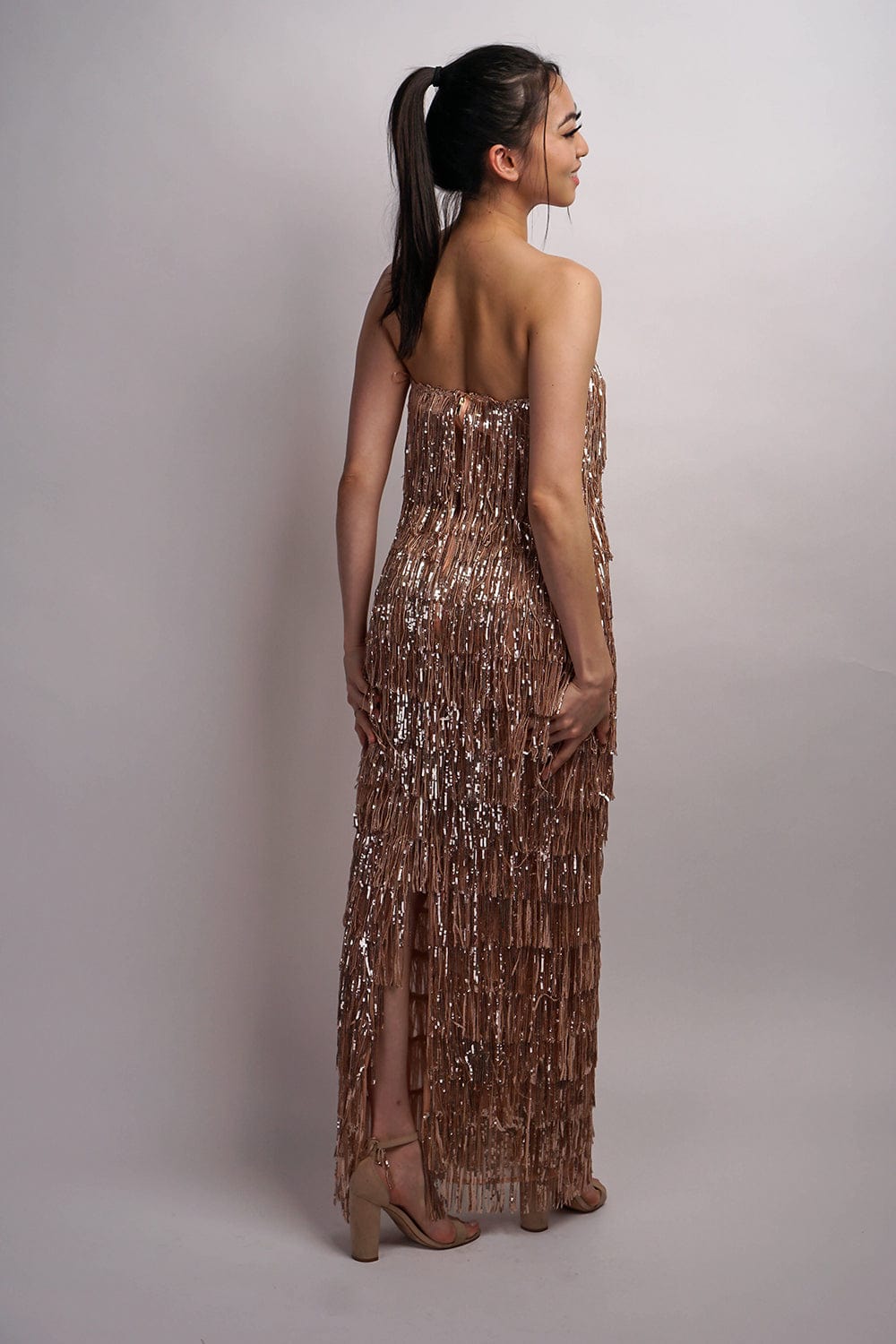 DCD GOWNS Rosegold Strapless Fringe Gown