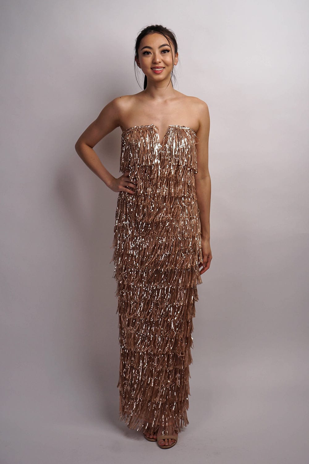 DCD GOWNS Rosegold Strapless Fringe Gown