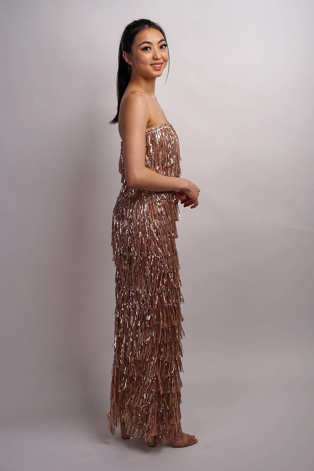 DCD GOWNS Rosegold Strapless Fringe Gown