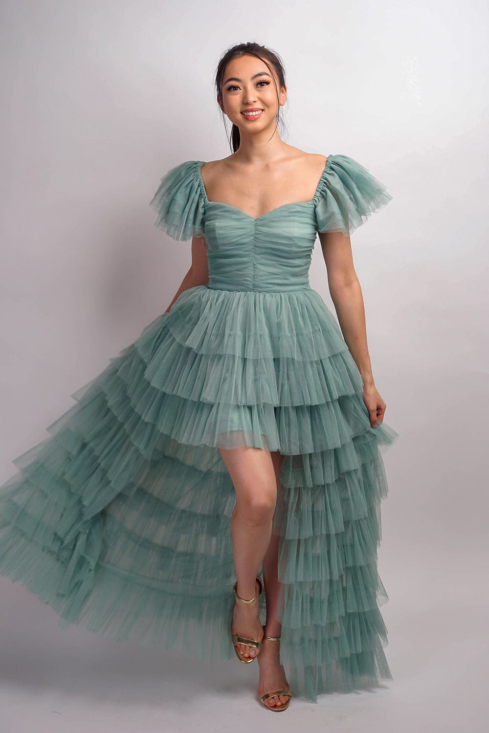 DCD GOWNS Sage Off Shld Sweetheart Tiered Gown
