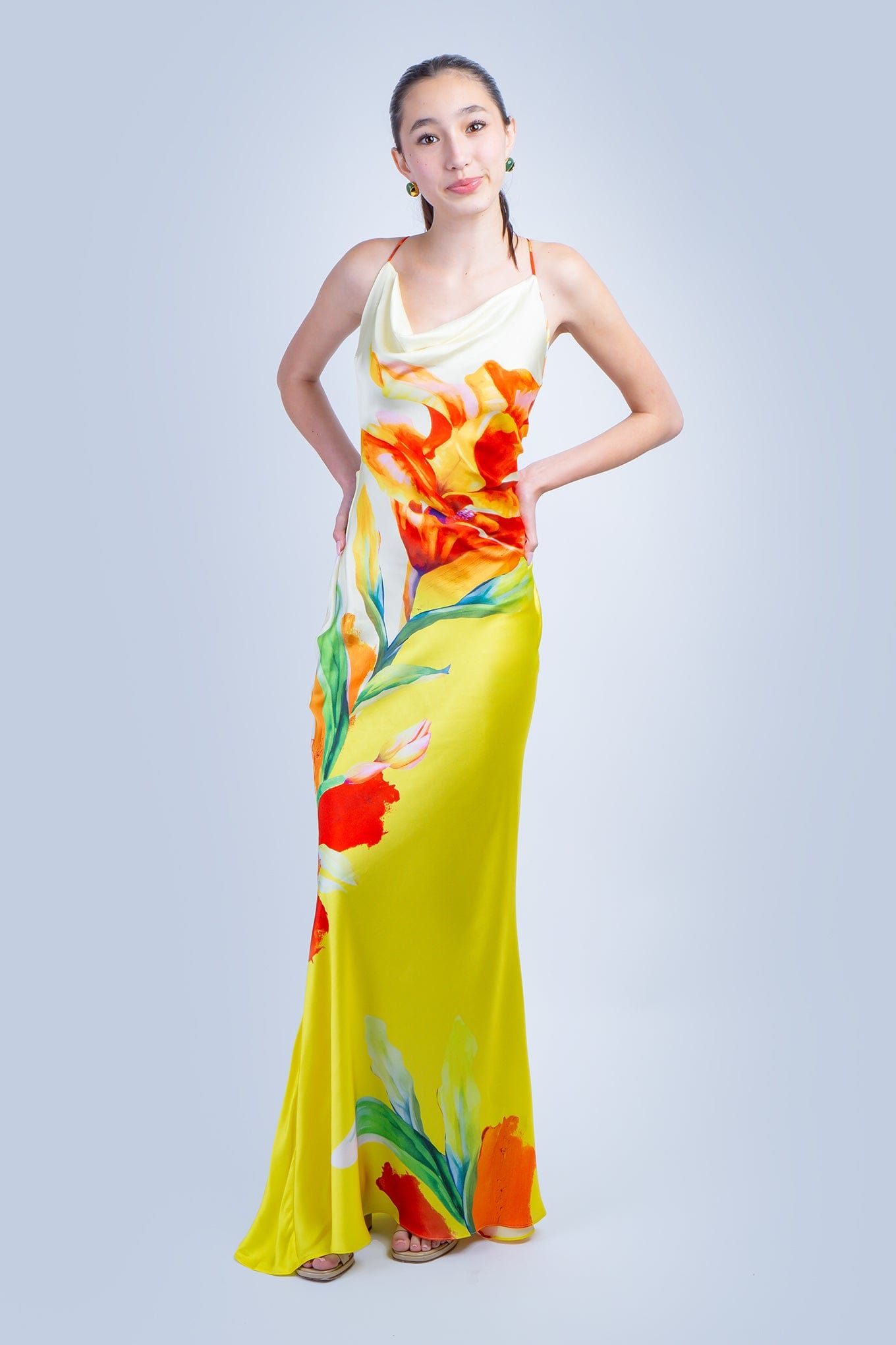 DCD GOWNS Yellow Floral Bias Cowl Gown