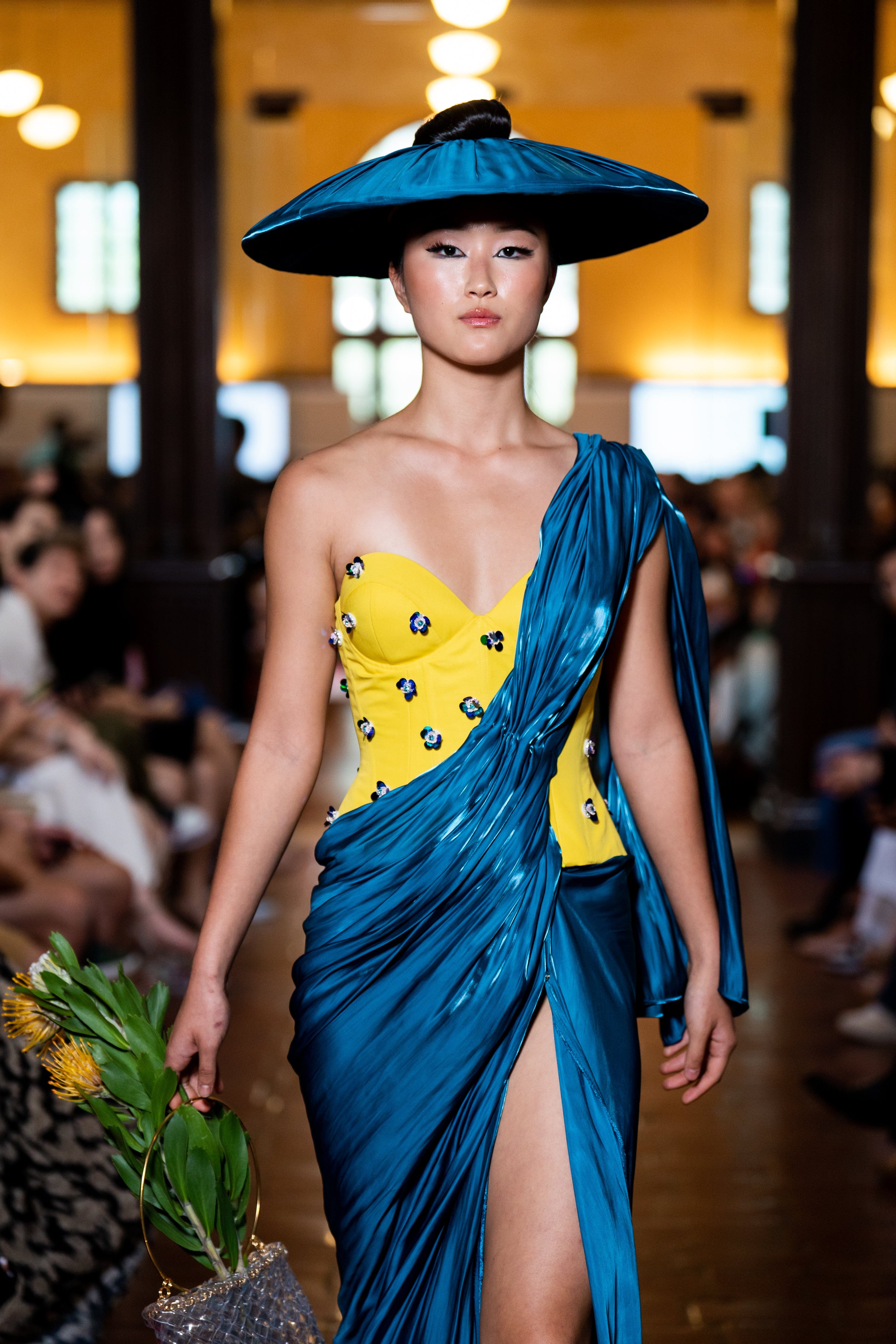 CD-Archive GOWNS Yellow Flower Corset with Teal Drape Dress