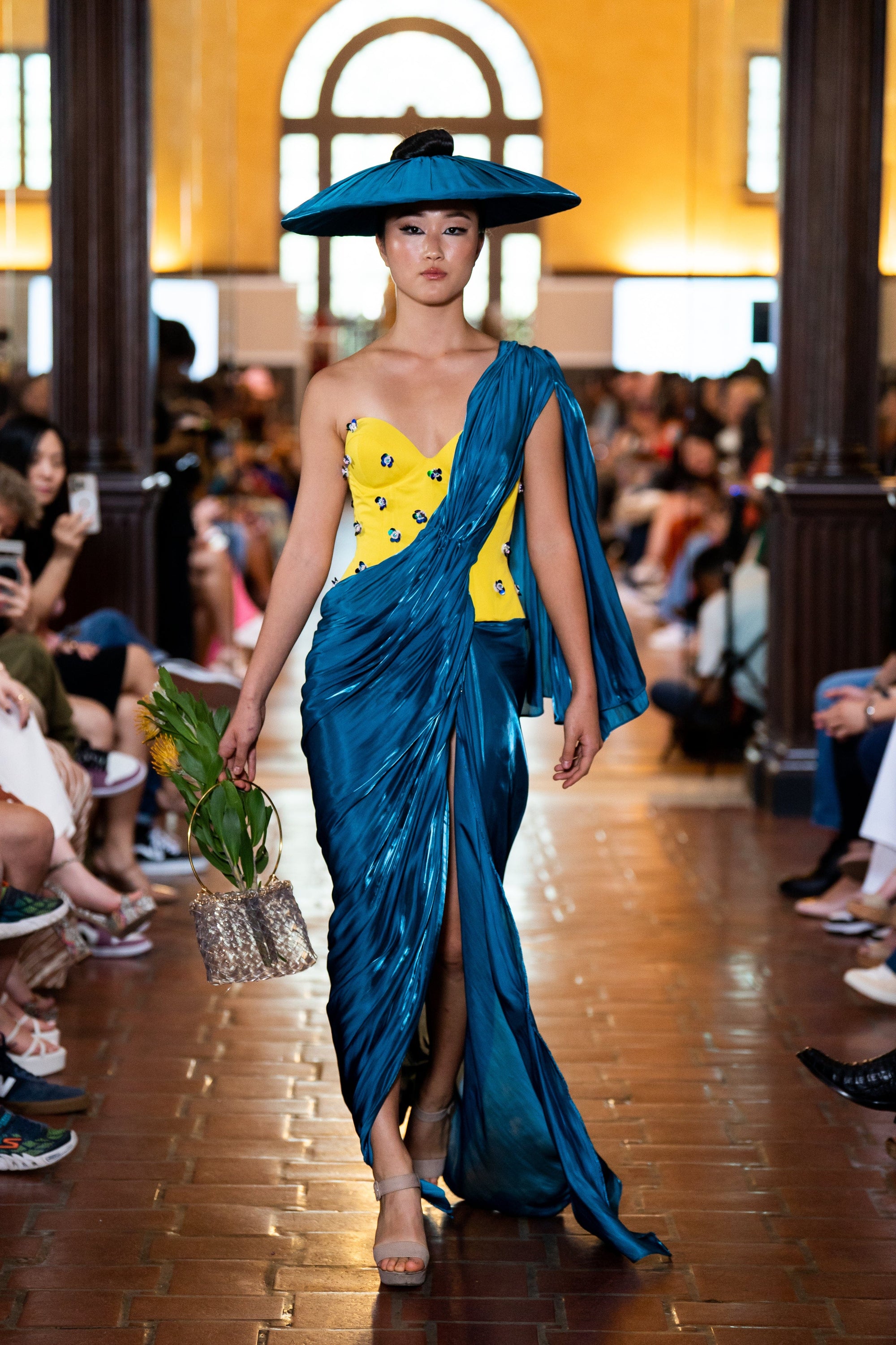 CD-Archive GOWNS Yellow Flower Corset with Teal Drape Dress