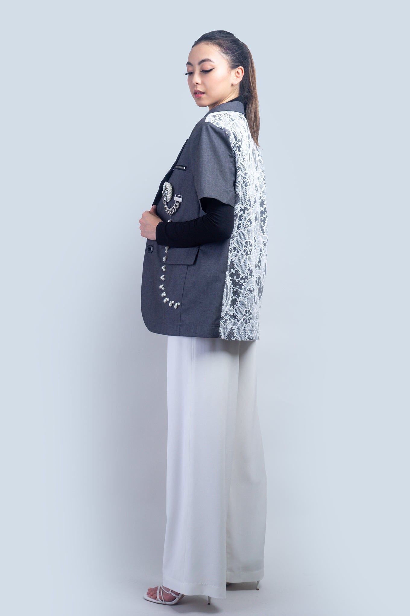 DCD JACKETS Grey White Crochet Heart Charm Jacket