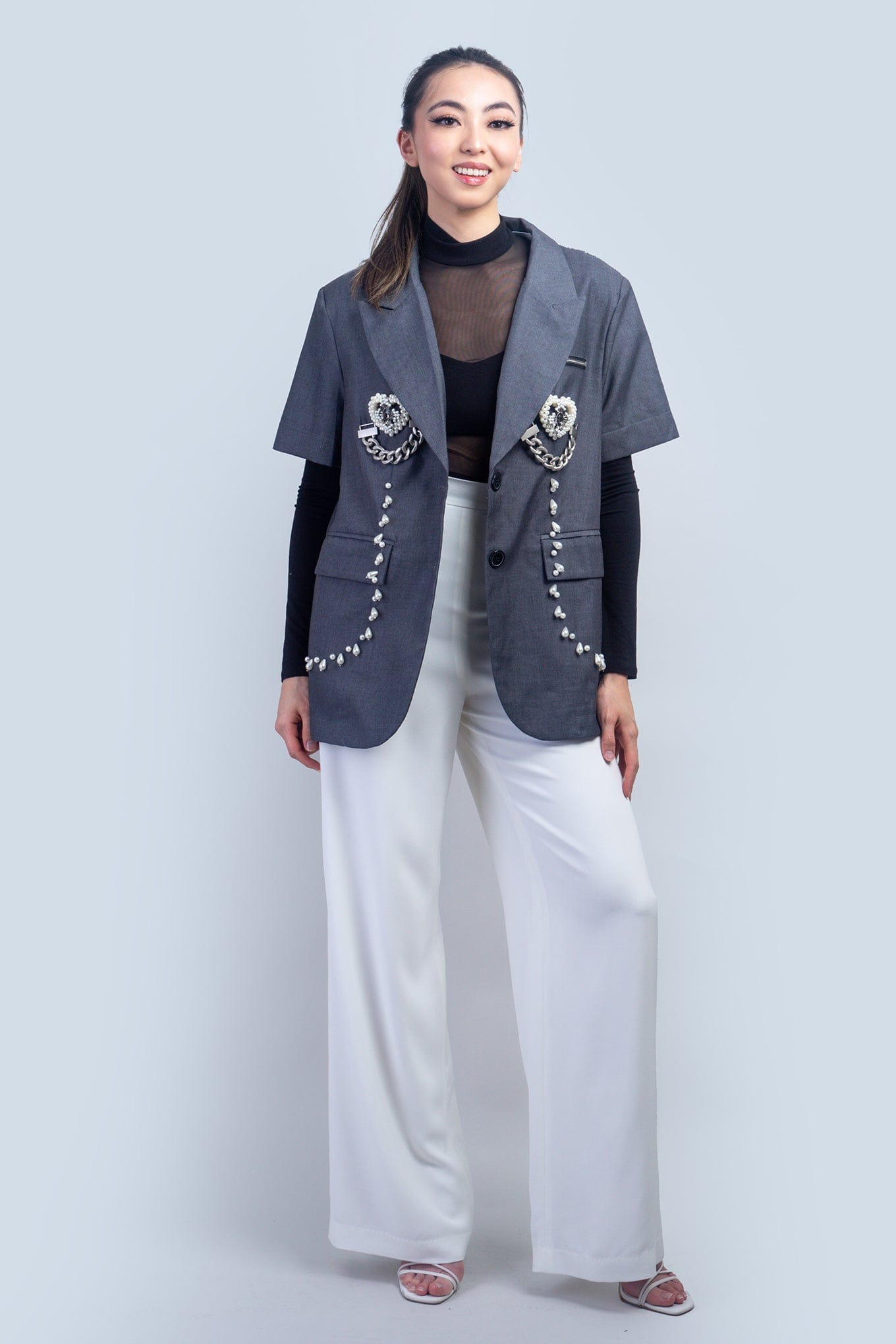 DCD JACKETS Grey White Crochet Heart Charm Jacket