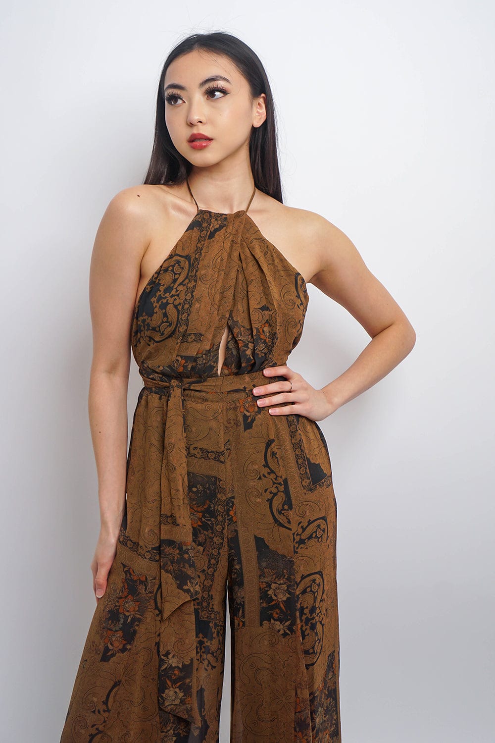 DCD JUMPSUITS Black Camel Halter Floral Fall Jumpsuit