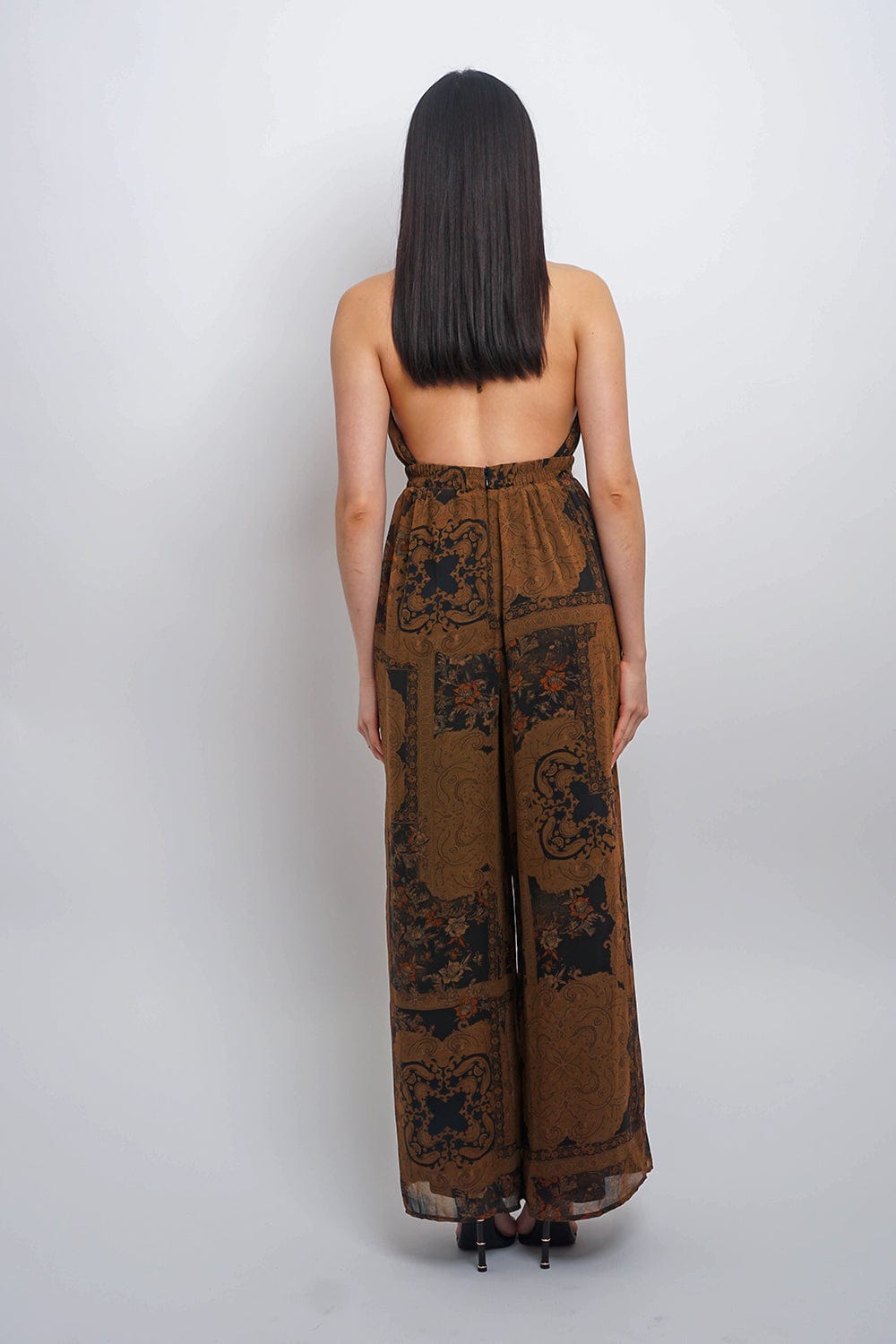 DCD JUMPSUITS Black Camel Halter Floral Fall Jumpsuit