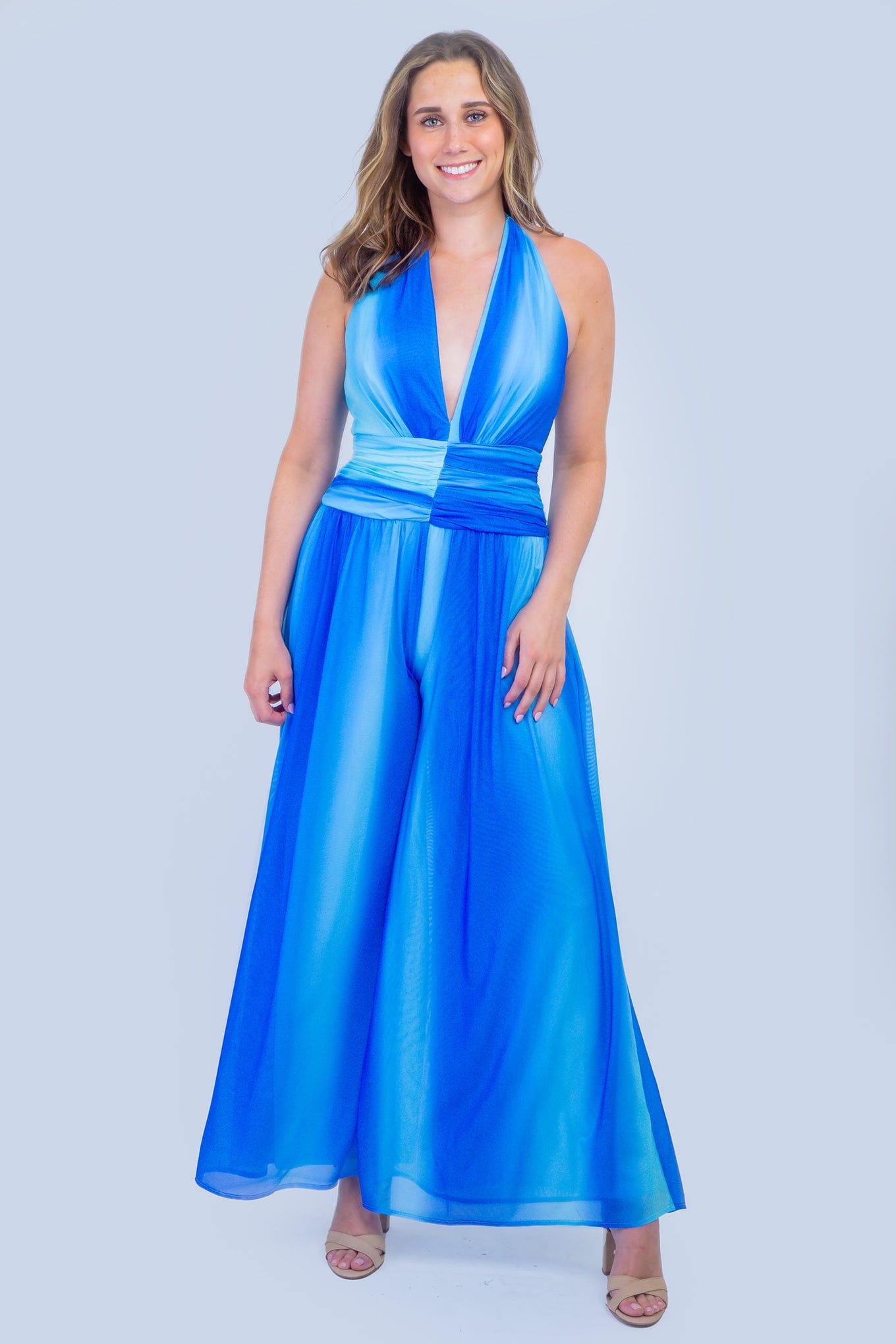 DCD JUMPSUITS Blue Ombre Halter Mesh Jumpsuit