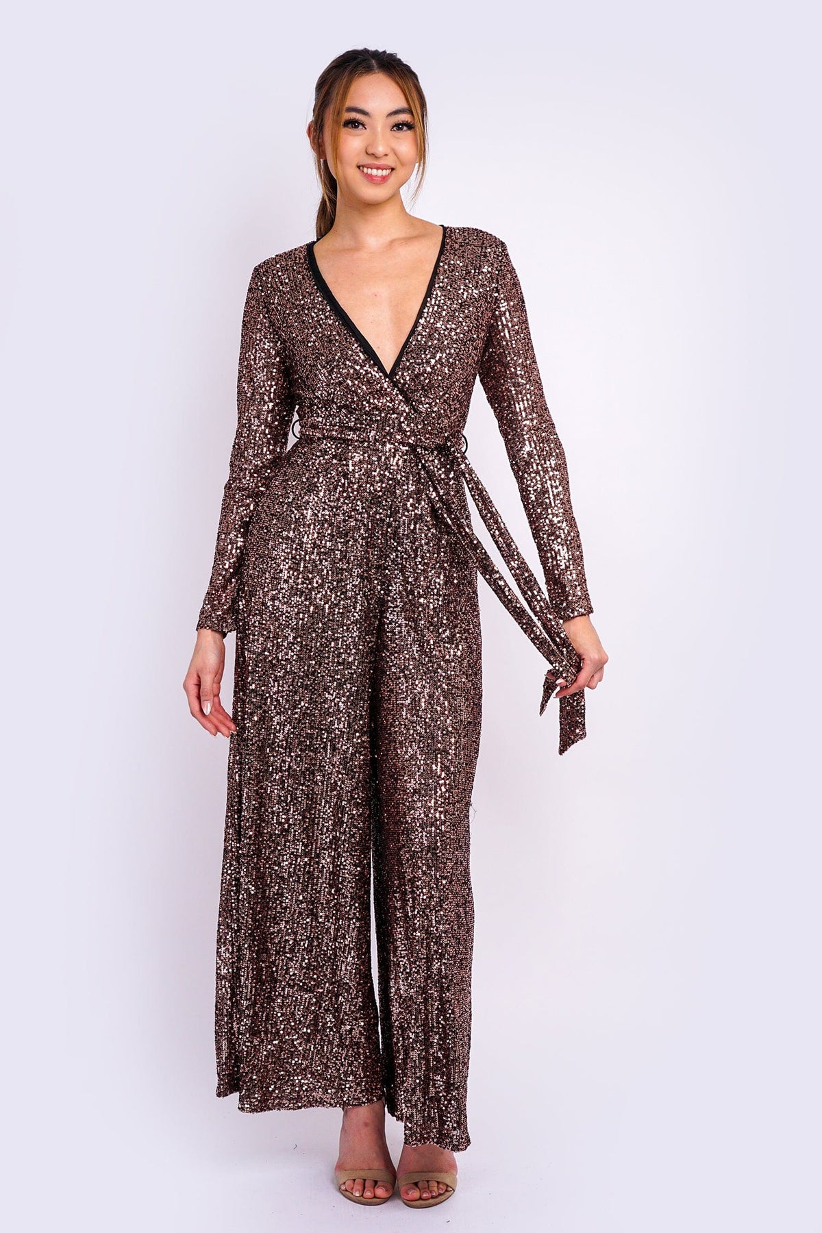 DCD JUMPSUITS Bronze Sequins Belted Jumpsuit