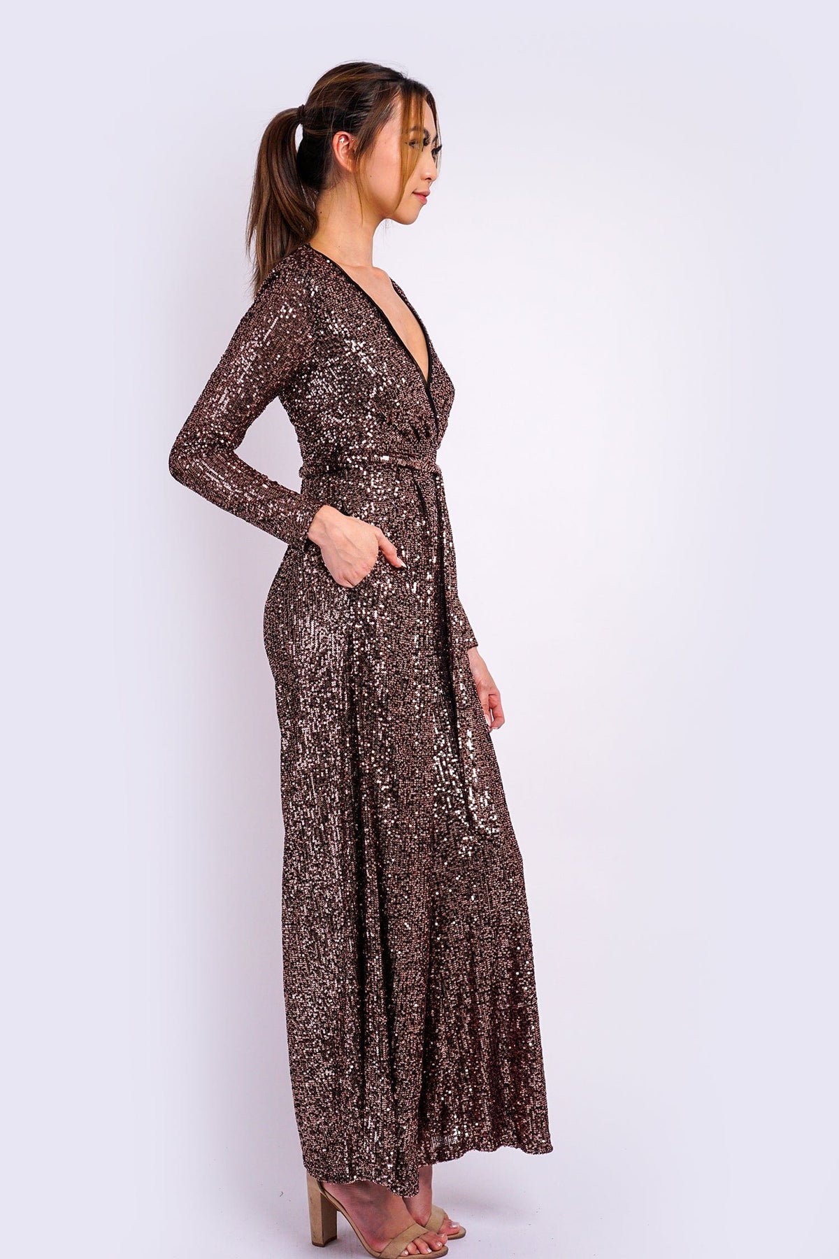 DCD JUMPSUITS Bronze Sequins Belted Jumpsuit