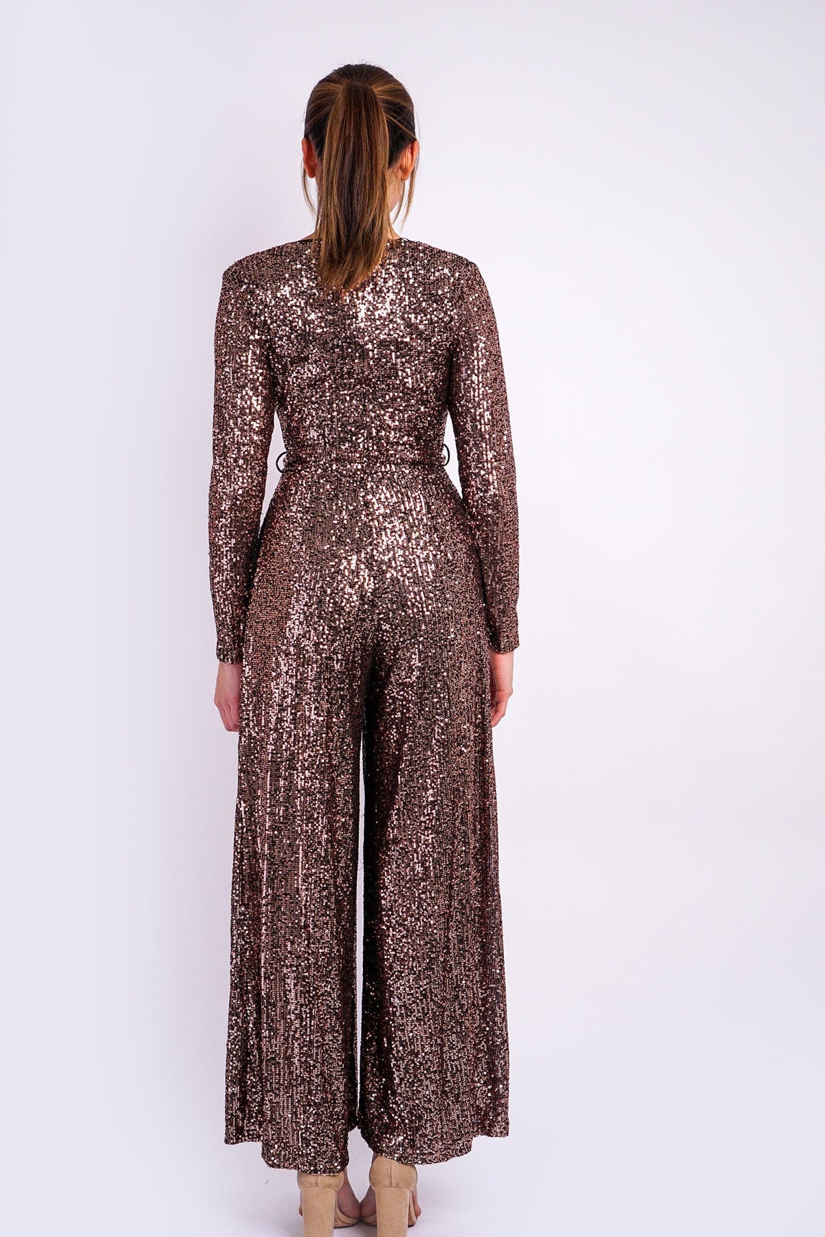 DCD JUMPSUITS Bronze Sequins Belted Jumpsuit