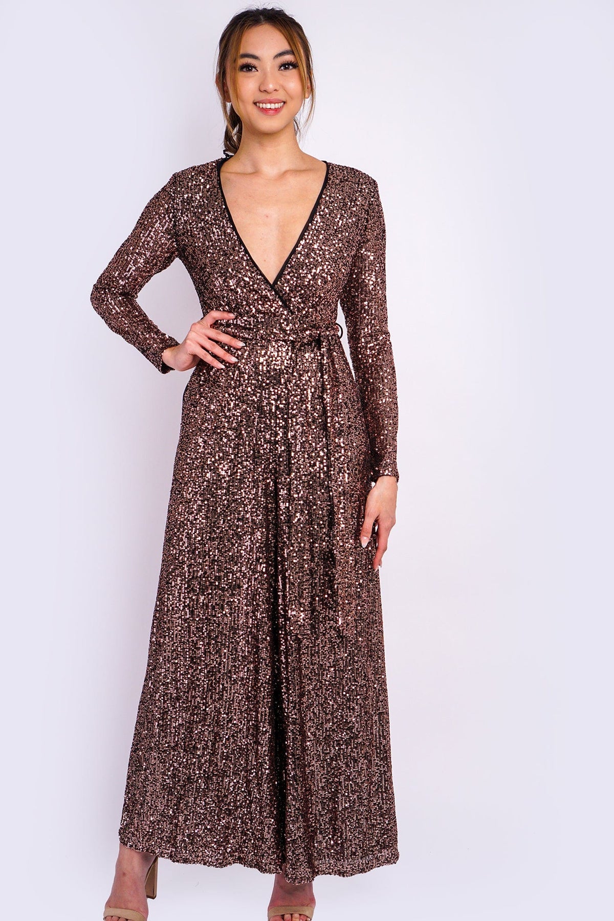 DCD JUMPSUITS Bronze Sequins Belted Jumpsuit