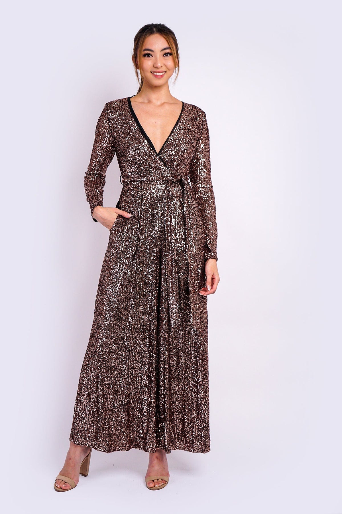 DCD JUMPSUITS Bronze Sequins Belted Jumpsuit