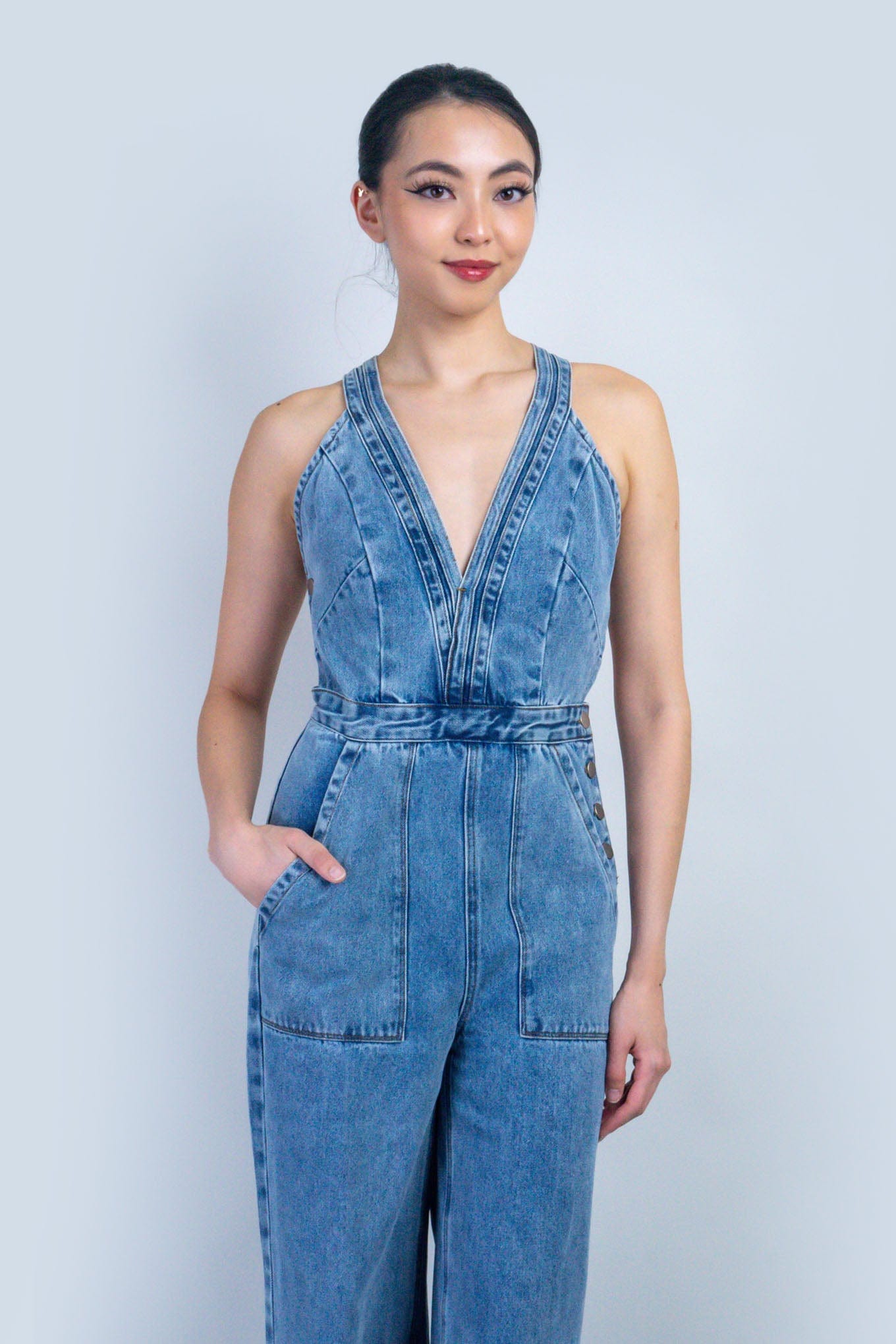 DCD JUMPSUITS Denim V Neckline Jumpsuit