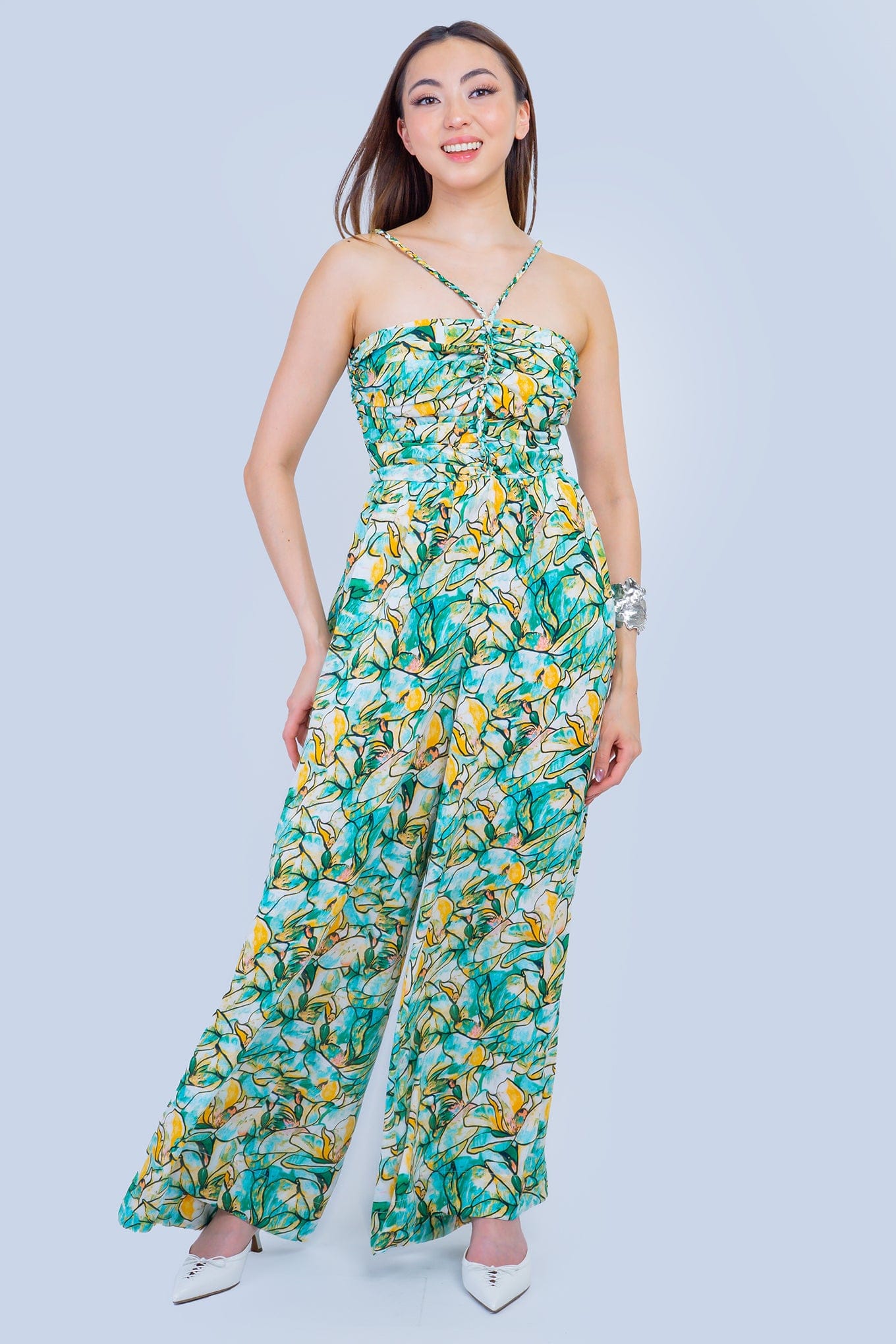 DCD JUMPSUITS Green Yellow Abstract Print Braided Jumpsuit