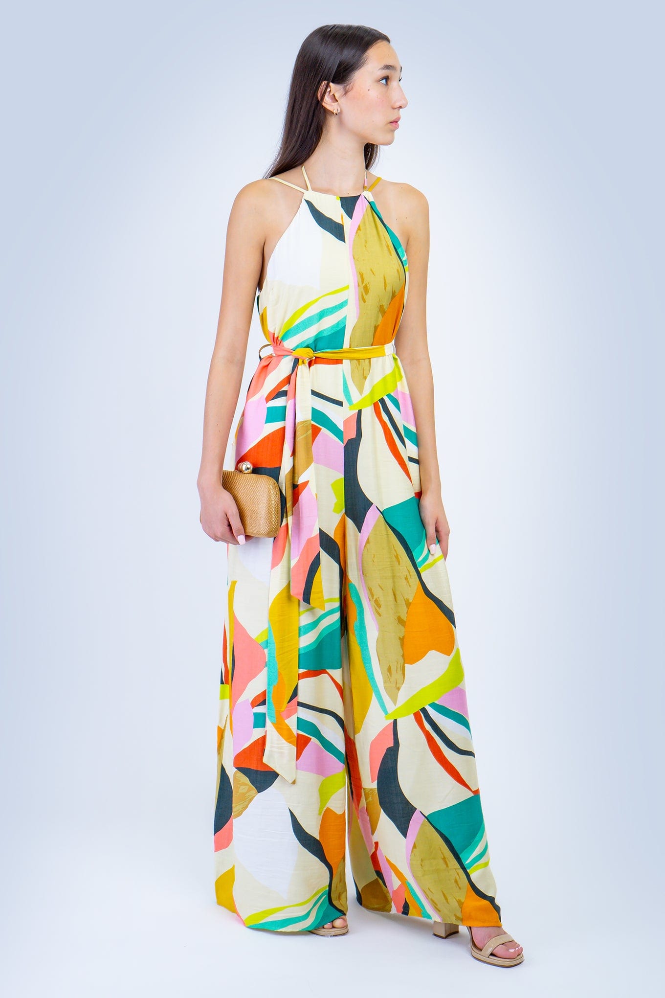 DCD JUMPSUITS Ivory and Teal Abstract Print Halter Linen Jumpsuit