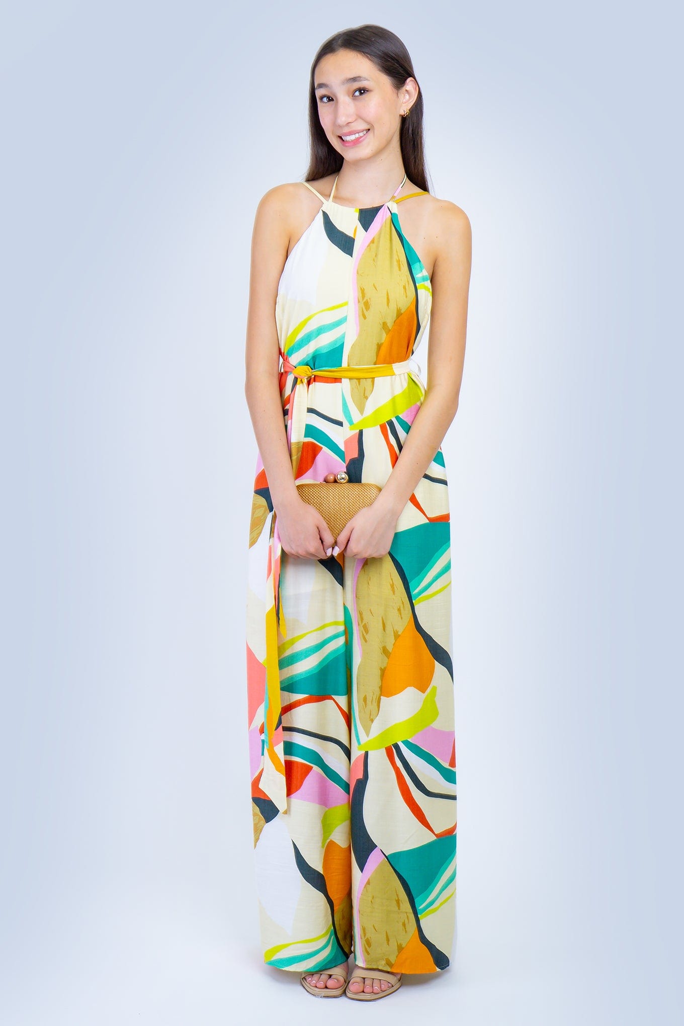 DCD JUMPSUITS Ivory and Teal Abstract Print Halter Linen Jumpsuit