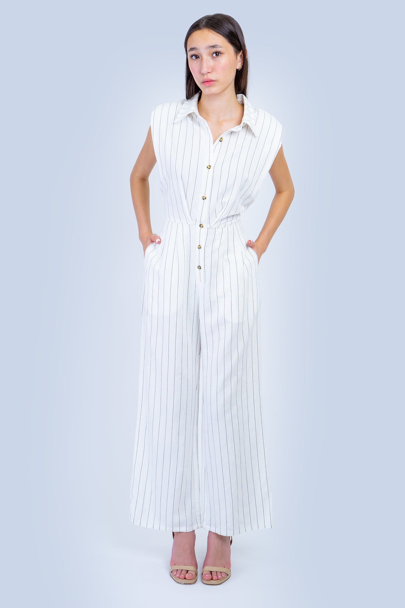 DCD JUMPSUITS Ivory Pinstripe Linen Jumpsuit