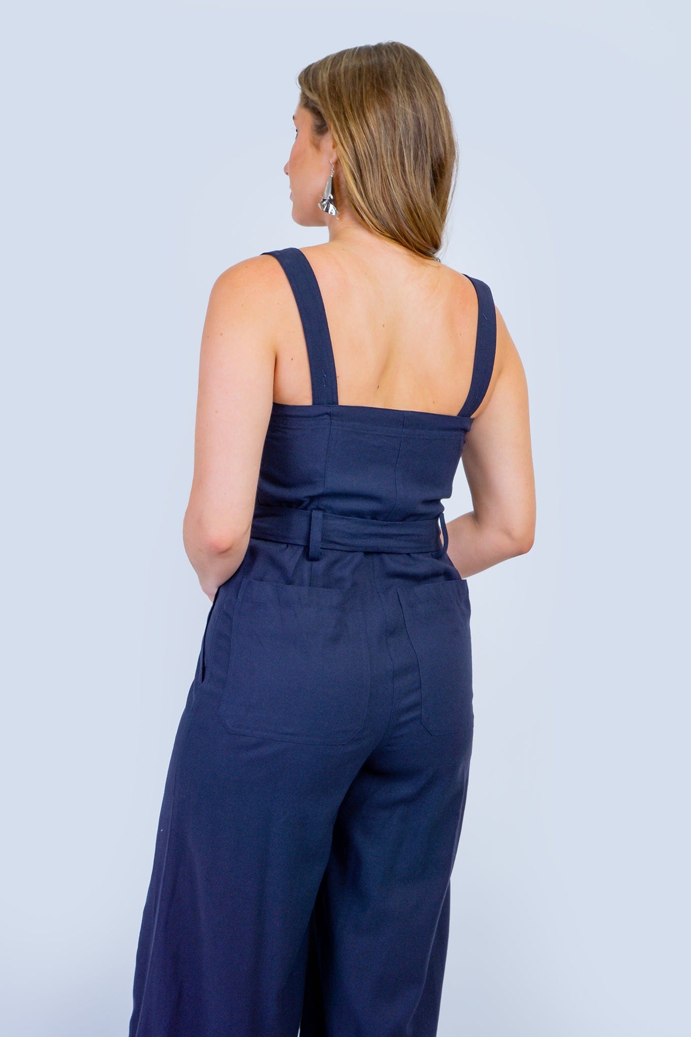 DCD JUMPSUITS Navy Square Neck Strap Linen Jumpsuit