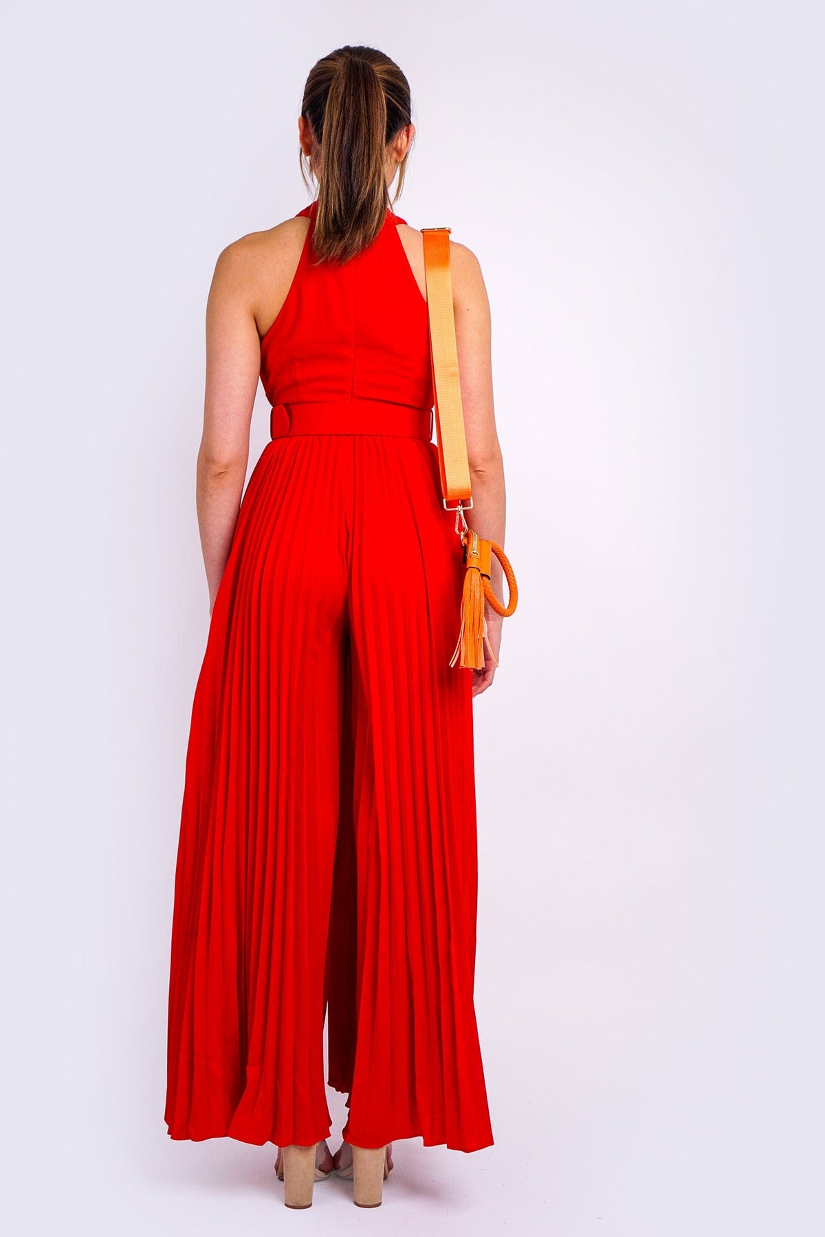 DCD JUMPSUITS Red  X Halter Nk Belted Pleats Jumpsuit