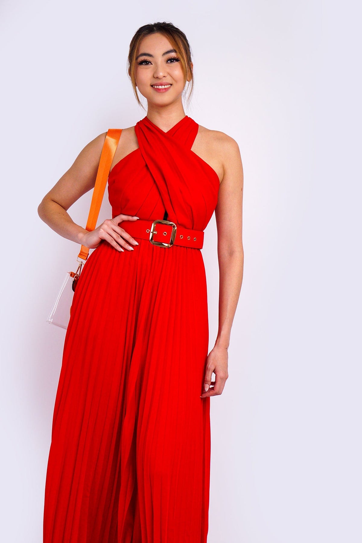 DCD JUMPSUITS Red  X Halter Nk Belted Pleats Jumpsuit