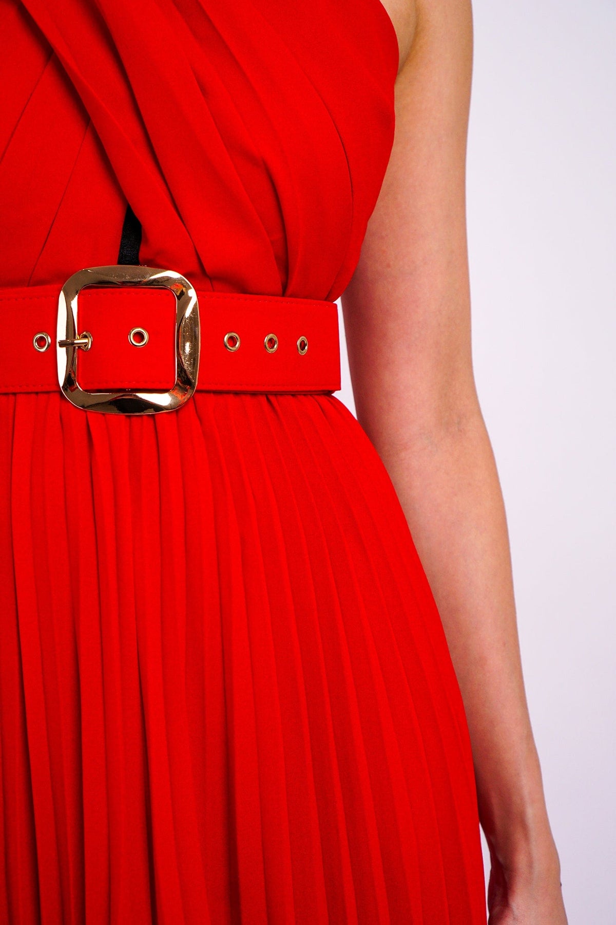 DCD JUMPSUITS Red  X Halter Nk Belted Pleats Jumpsuit