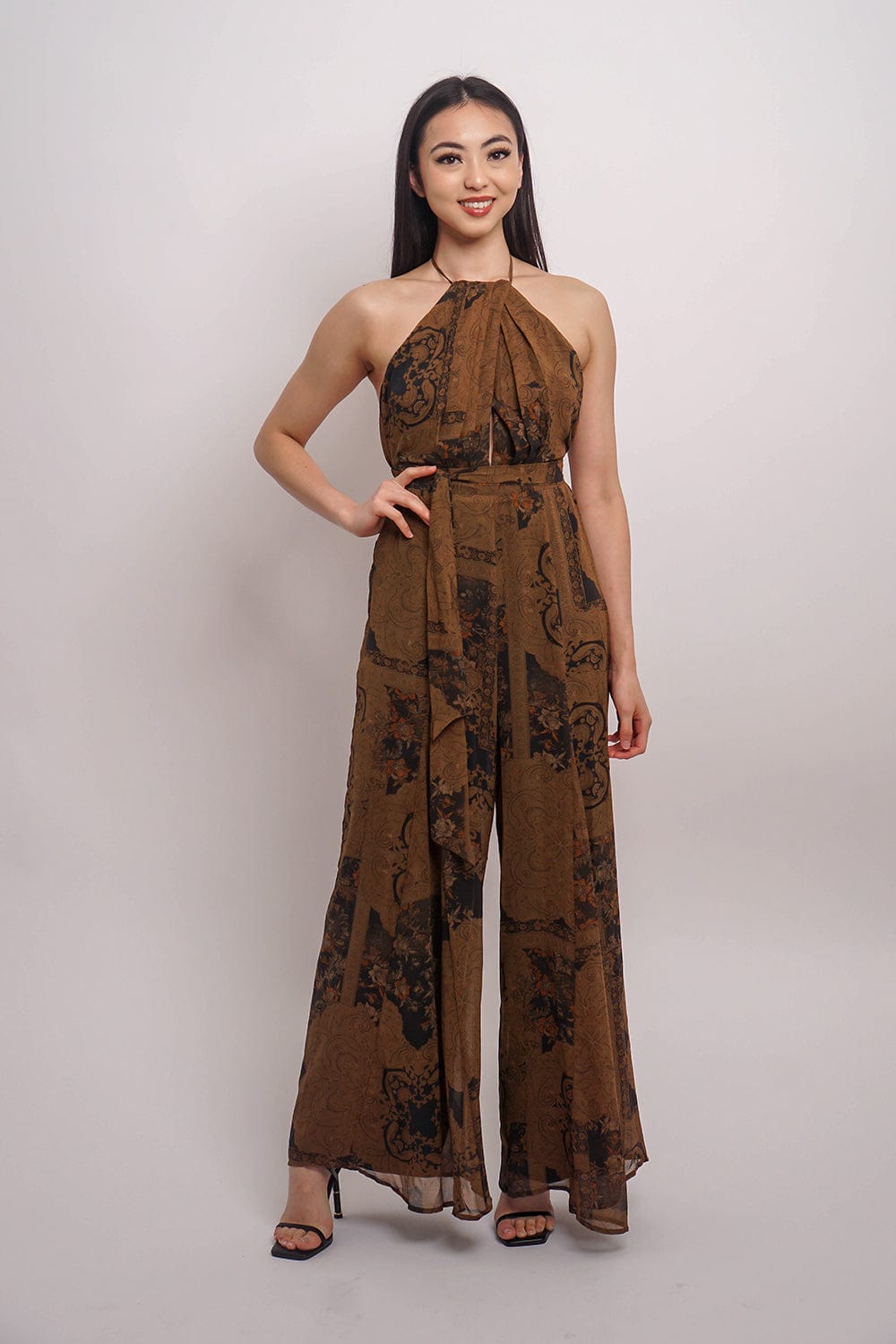 DCD JUMPSUITS &amp; ROMPERS Black Camel Halter Floral Fall Jumpsuit