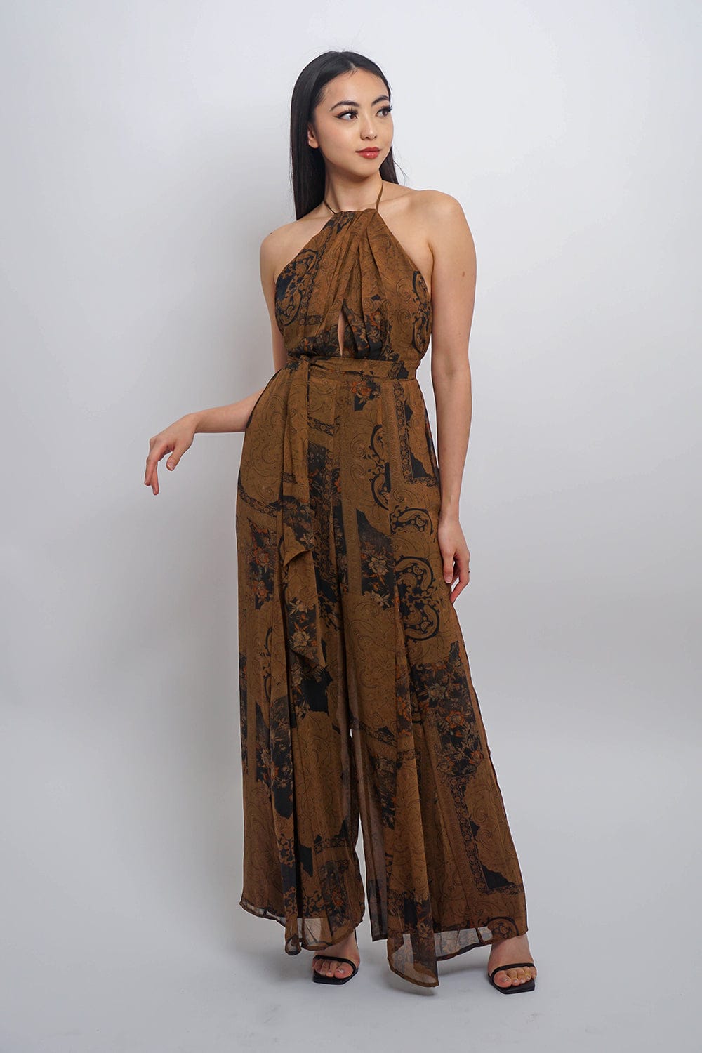 DCD JUMPSUITS & ROMPERS Black Camel Halter Floral Fall Jumpsuit