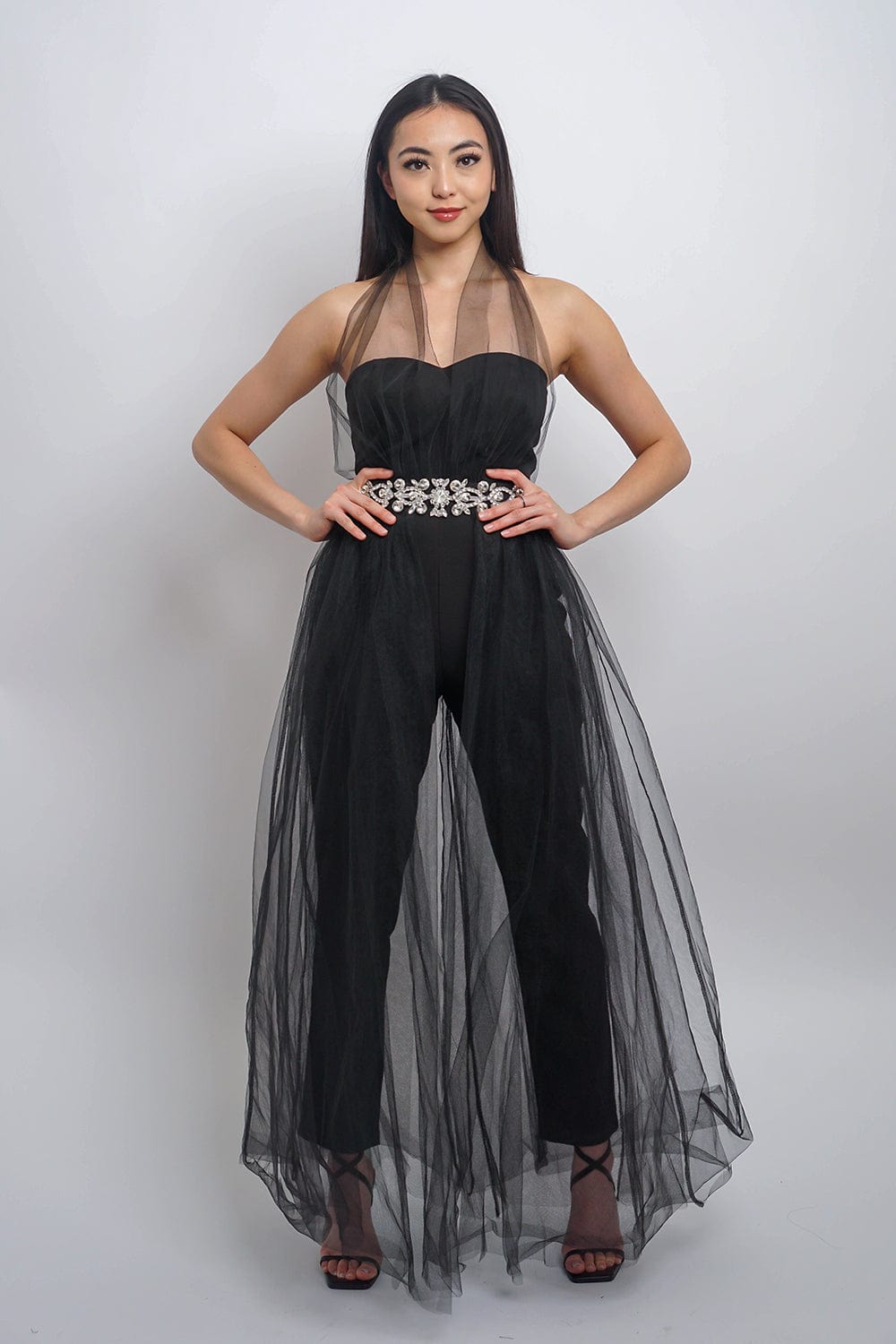 DCD JUMPSUITS & ROMPERS Black Tulle Jumpsuit with Crystals Belt