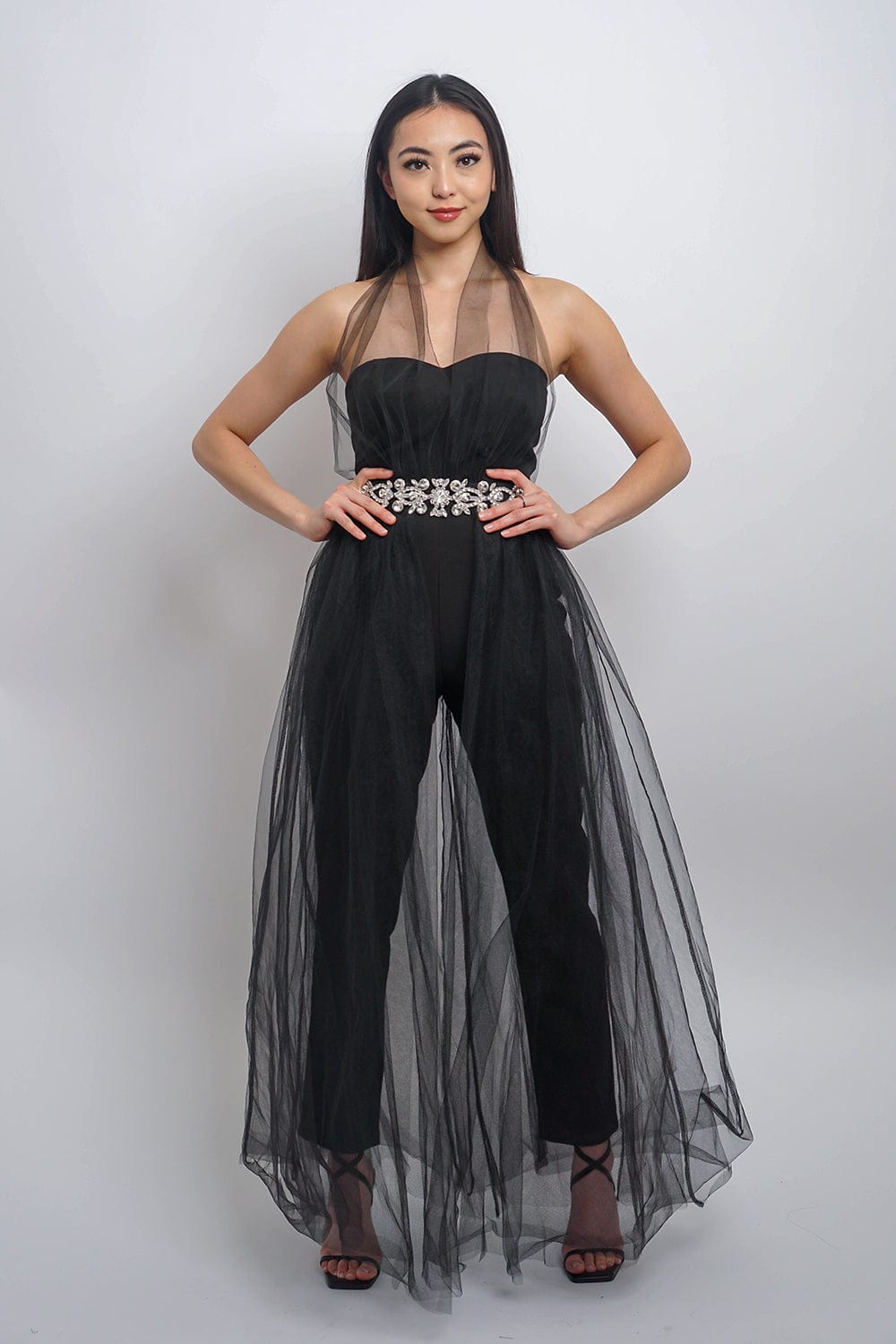 DCD JUMPSUITS &amp; ROMPERS Black Tulle Jumpsuit with Crystals Belt