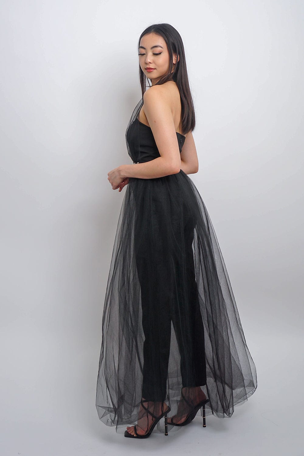 DCD JUMPSUITS & ROMPERS Black Tulle Jumpsuit with Crystals Belt