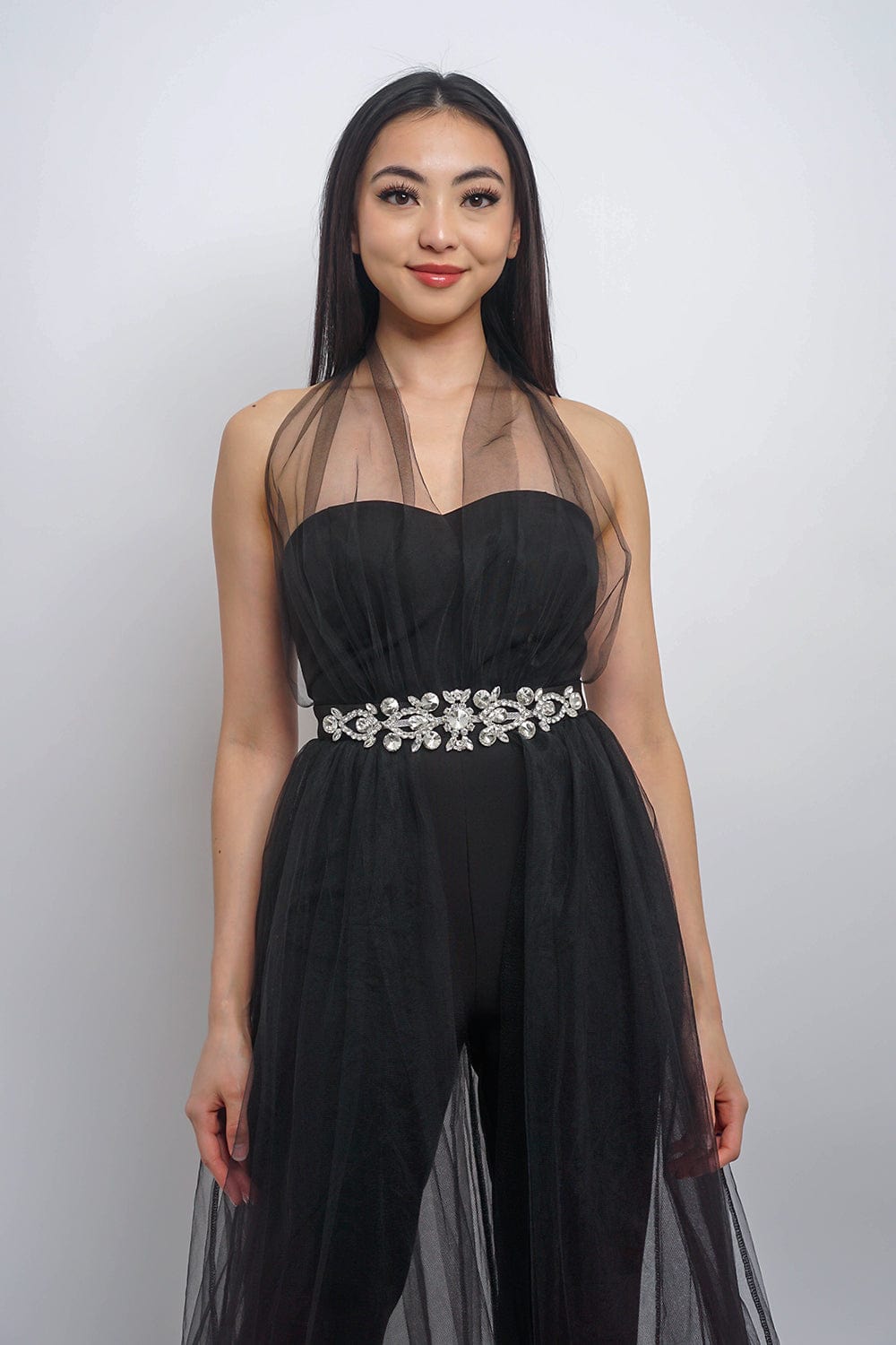 DCD JUMPSUITS & ROMPERS Black Tulle Jumpsuit with Crystals Belt