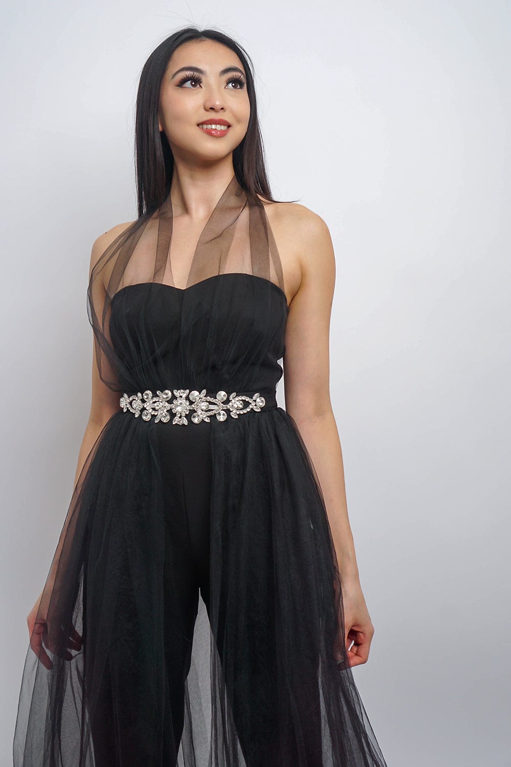 DCD JUMPSUITS & ROMPERS Black Tulle Jumpsuit with Crystals Belt