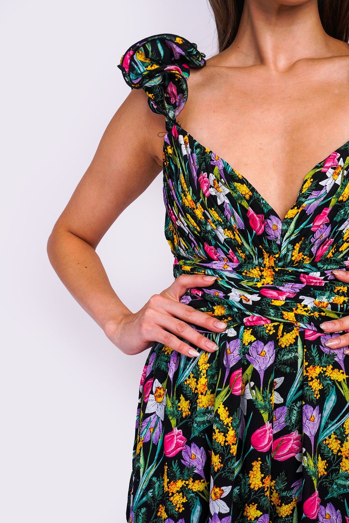 DCD JUMPSUITS &amp; ROMPERS Garden Flower Shoulder V Pleat Jumpsuit