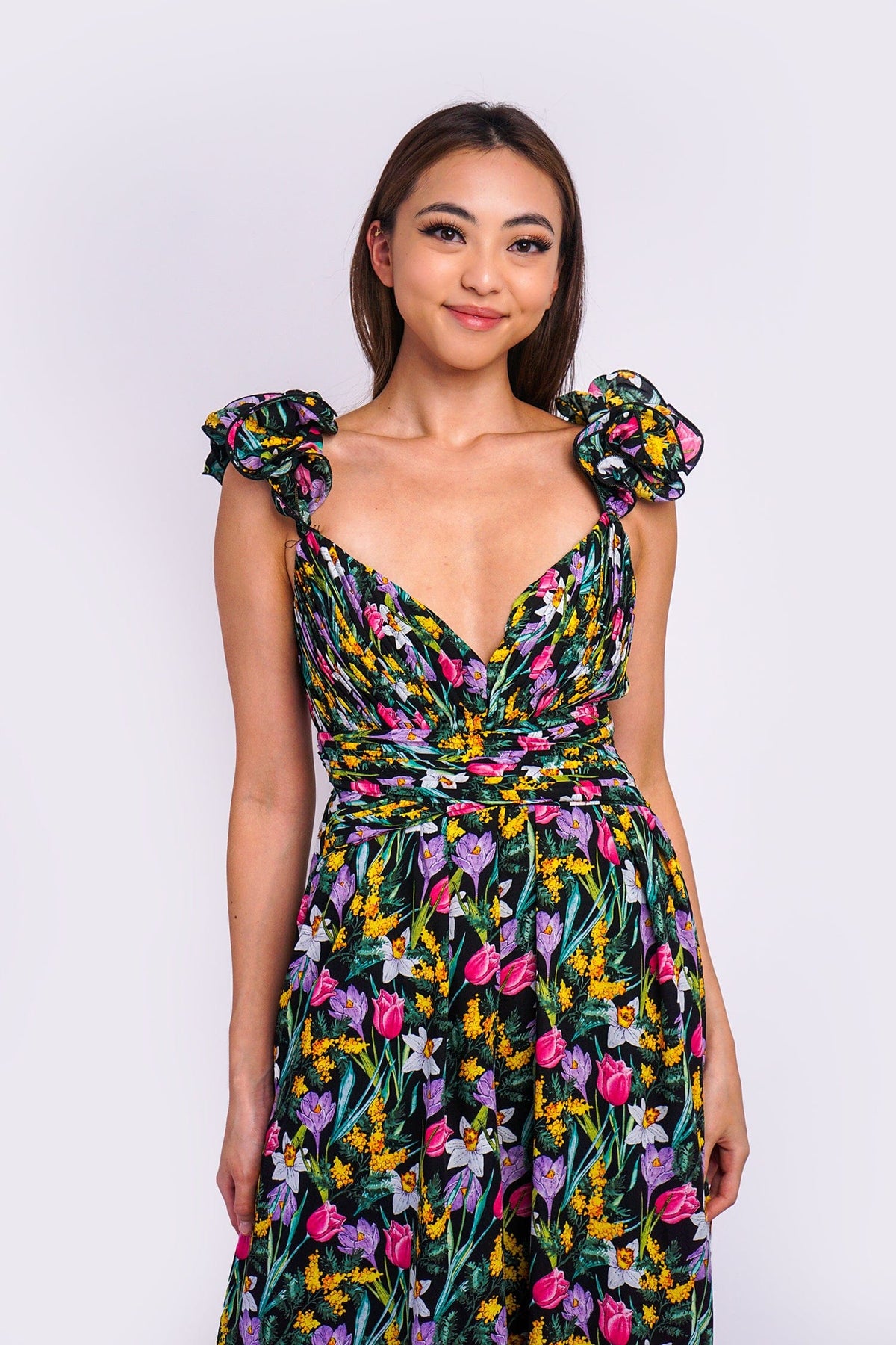 DCD JUMPSUITS &amp; ROMPERS Garden Flower Shoulder V Pleat Jumpsuit