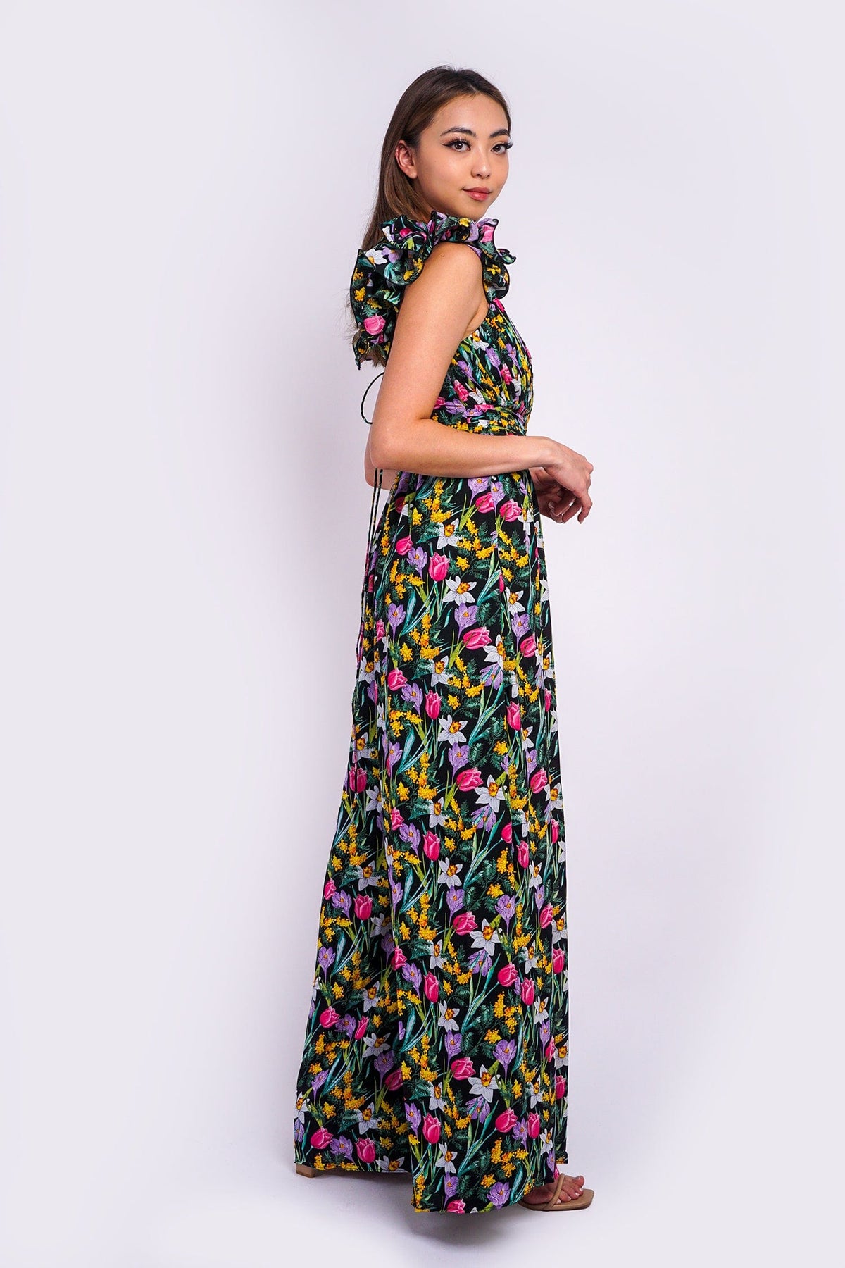 DCD JUMPSUITS &amp; ROMPERS Garden Flower Shoulder V Pleat Jumpsuit
