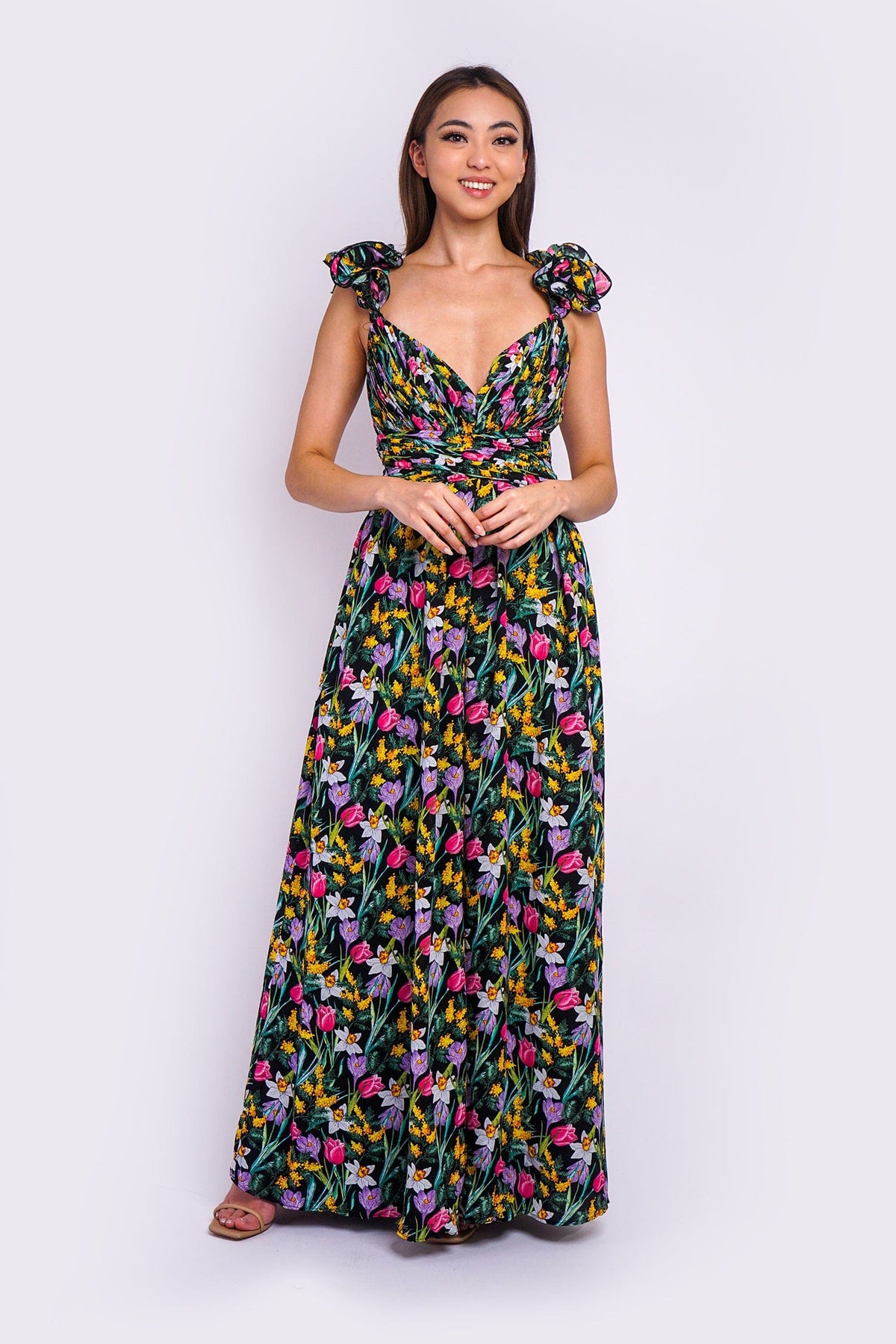 DCD JUMPSUITS &amp; ROMPERS Garden Flower Shoulder V Pleat Jumpsuit